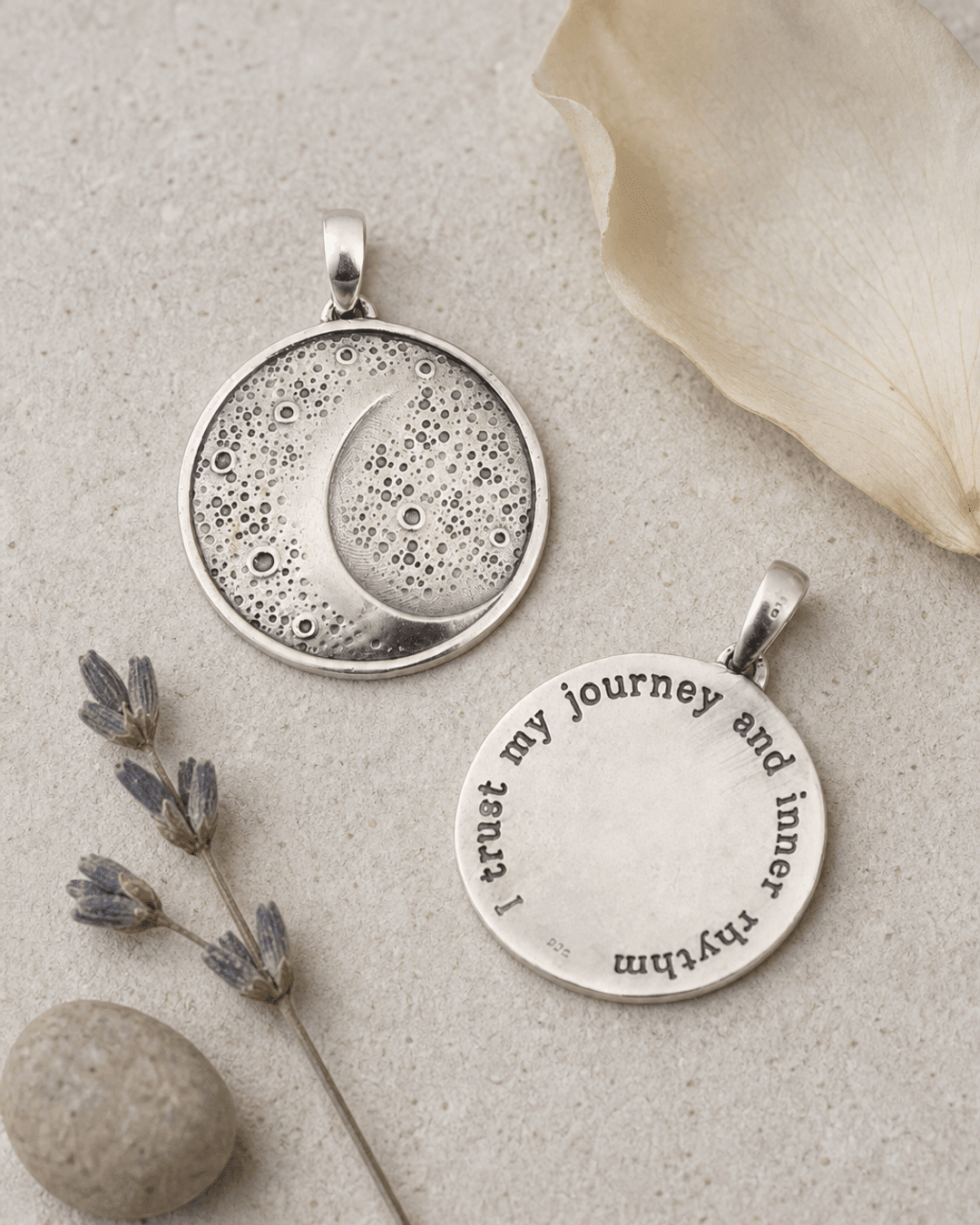 Moon Phase Rhythm Sterling Silver Pendant – Etched Lunar Texture with Inspirational Back Engraving - Charms & Pendants