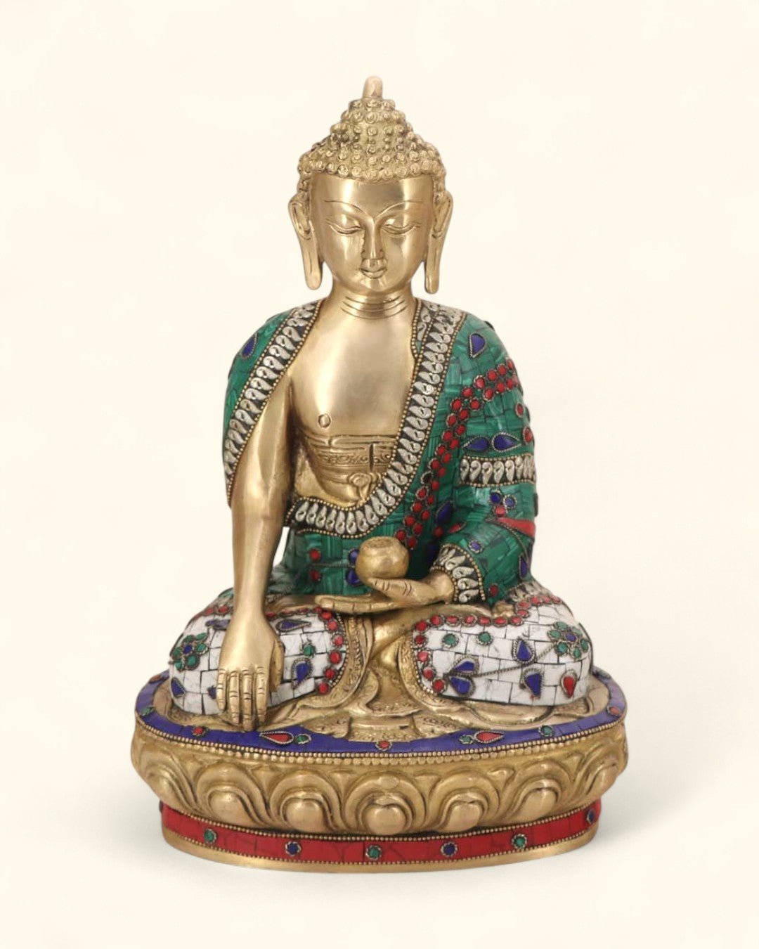 Mosaic Work Earth Touching Pose Shakyamuni Buddha Brass Statue - Sculptures & Statues