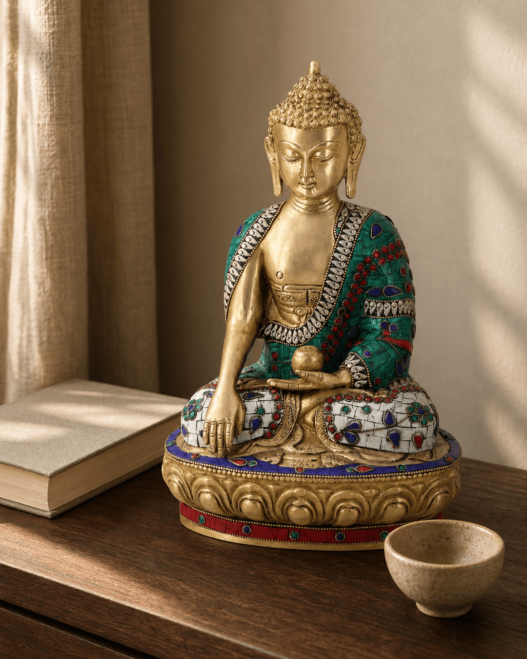 Brass Shakyamuni Buddha statue in earth touching pose with mosaic work displayed on wooden console