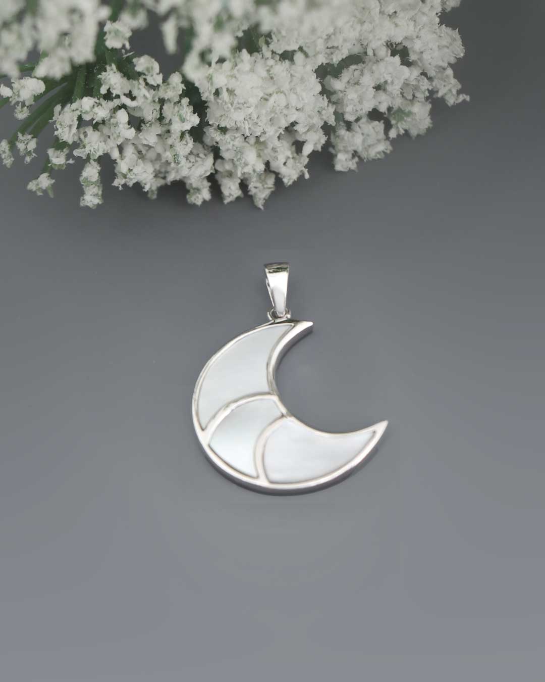 Mother of Pearl Inlay Crescent Moon Pendant – Sterling Silver with Rhodium Finish - Pendant