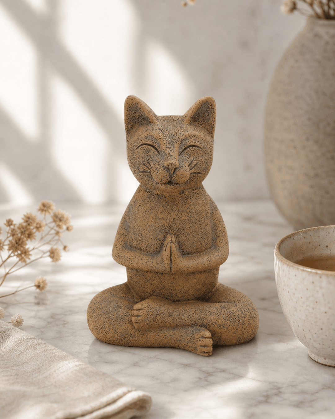 Namaste Yogi Meditating Cat Statue, Textured Clay Finish - Sculptures & Statues
