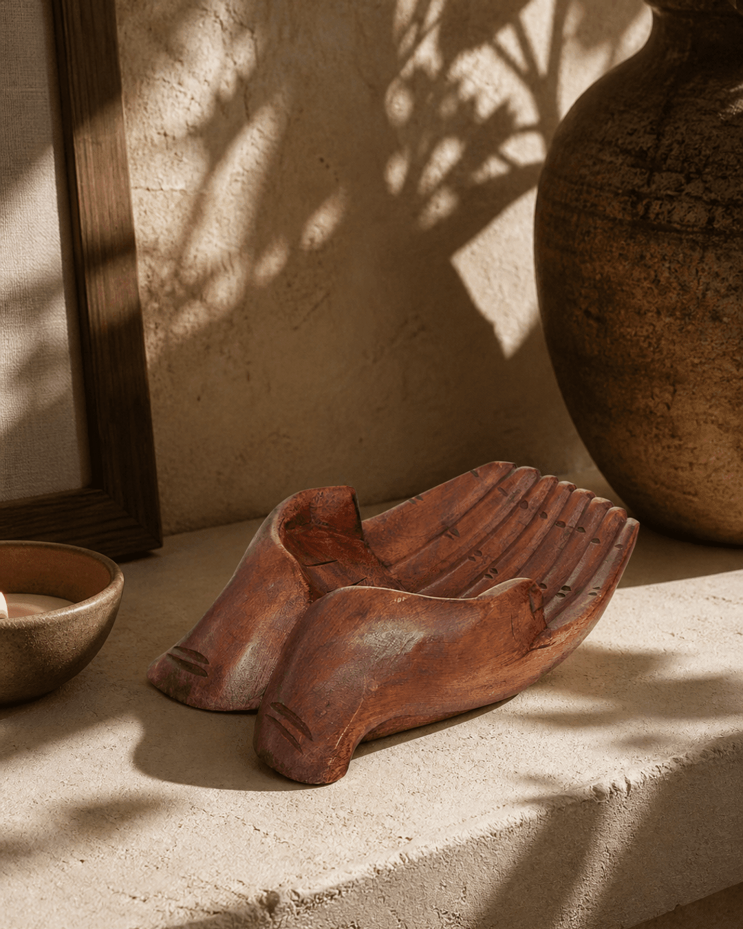 Offering Hands Wooden Carving and Display Bowl, Bali - Decor