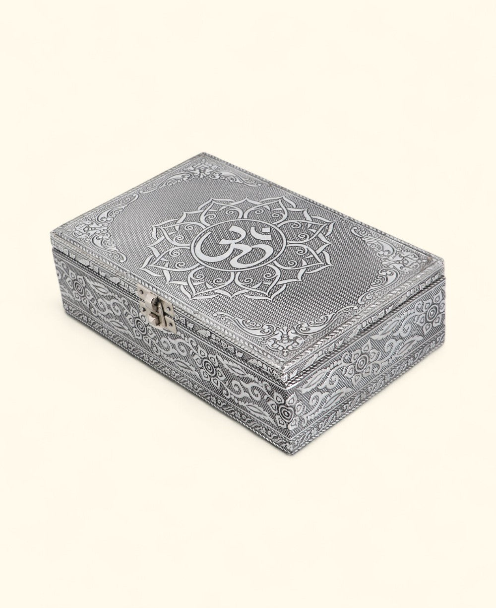 Om Jewelry Mala Box – Handcrafted Metal Mandala Storage with Velvet Lining - Jewelry Boxes