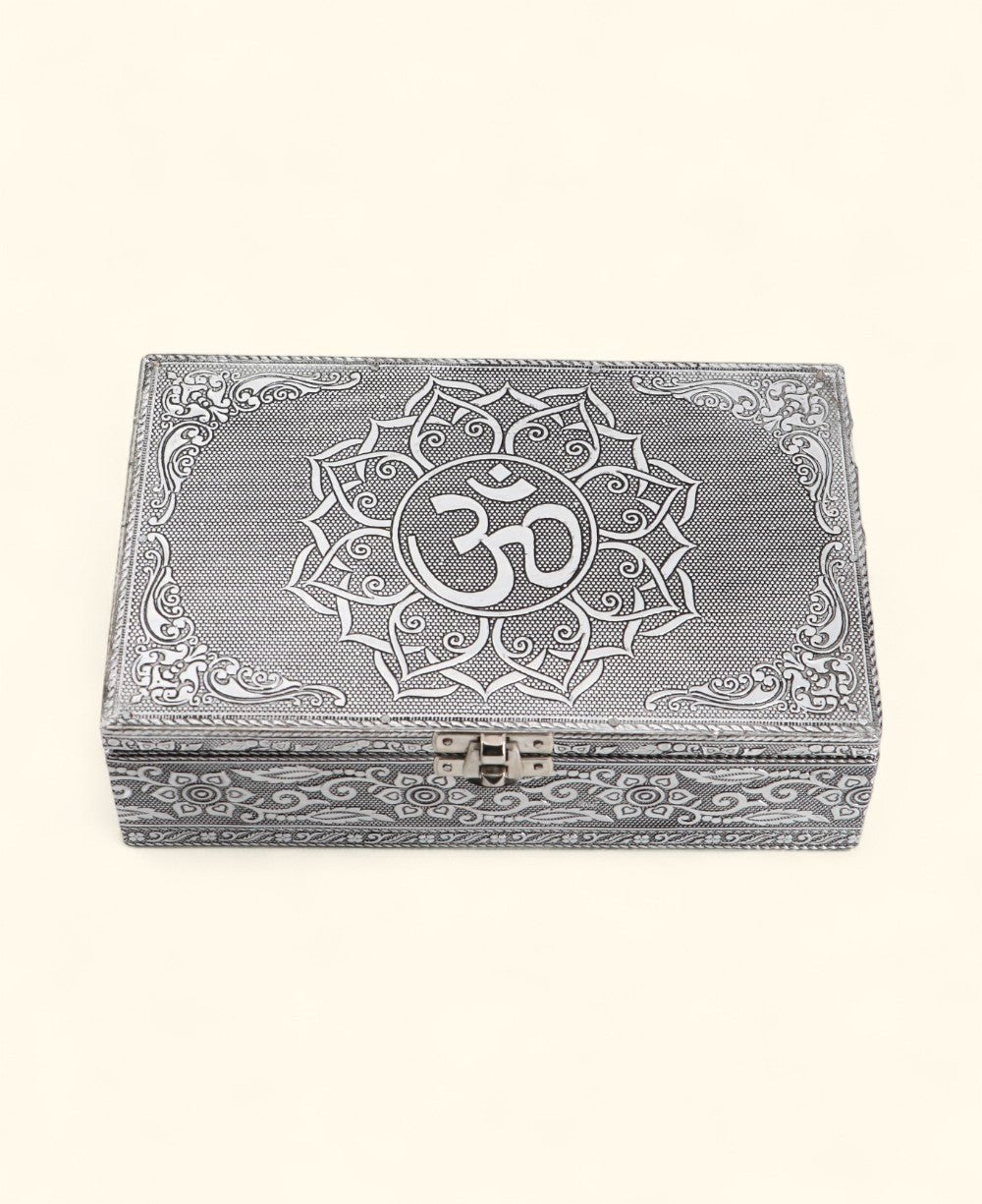 Om Jewelry Mala Box – Handcrafted Metal Mandala Storage with Velvet Lining - Jewelry Boxes