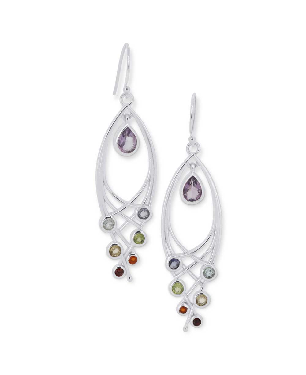 Premium Leaf Shaped Sterling Silver Chakra Gemstone Dangle Earrings - Earrings