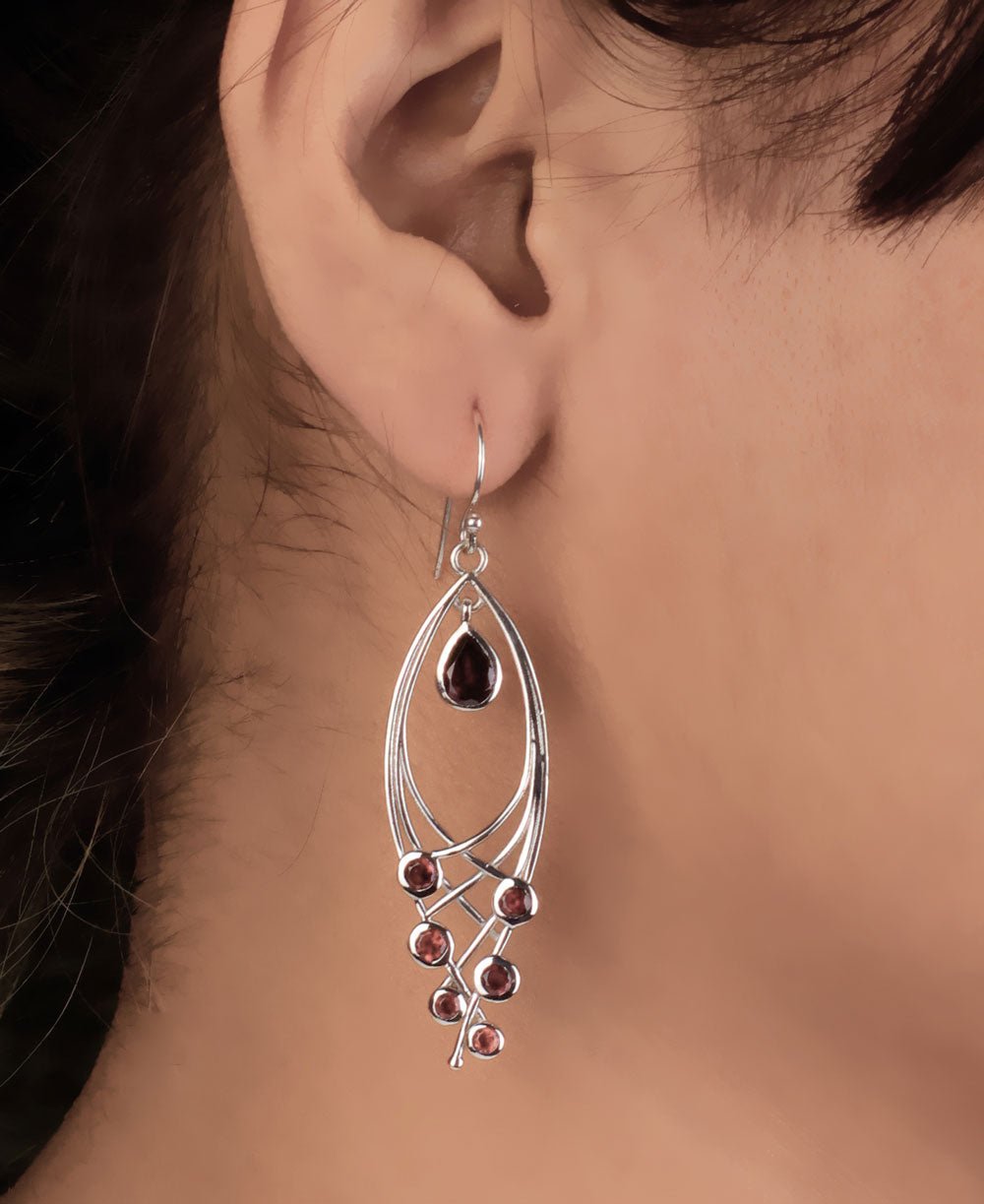 Premium Leaf Shaped Sterling Silver Garnet Gemstone Dangle Earrings - Earrings