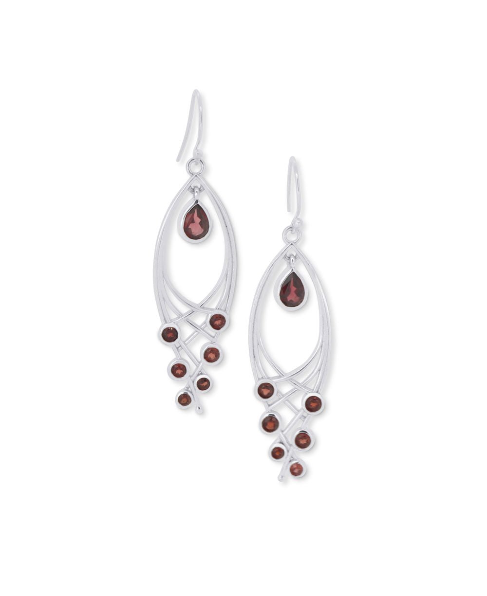 Premium Leaf Shaped Sterling Silver Garnet Gemstone Dangle Earrings - Earrings