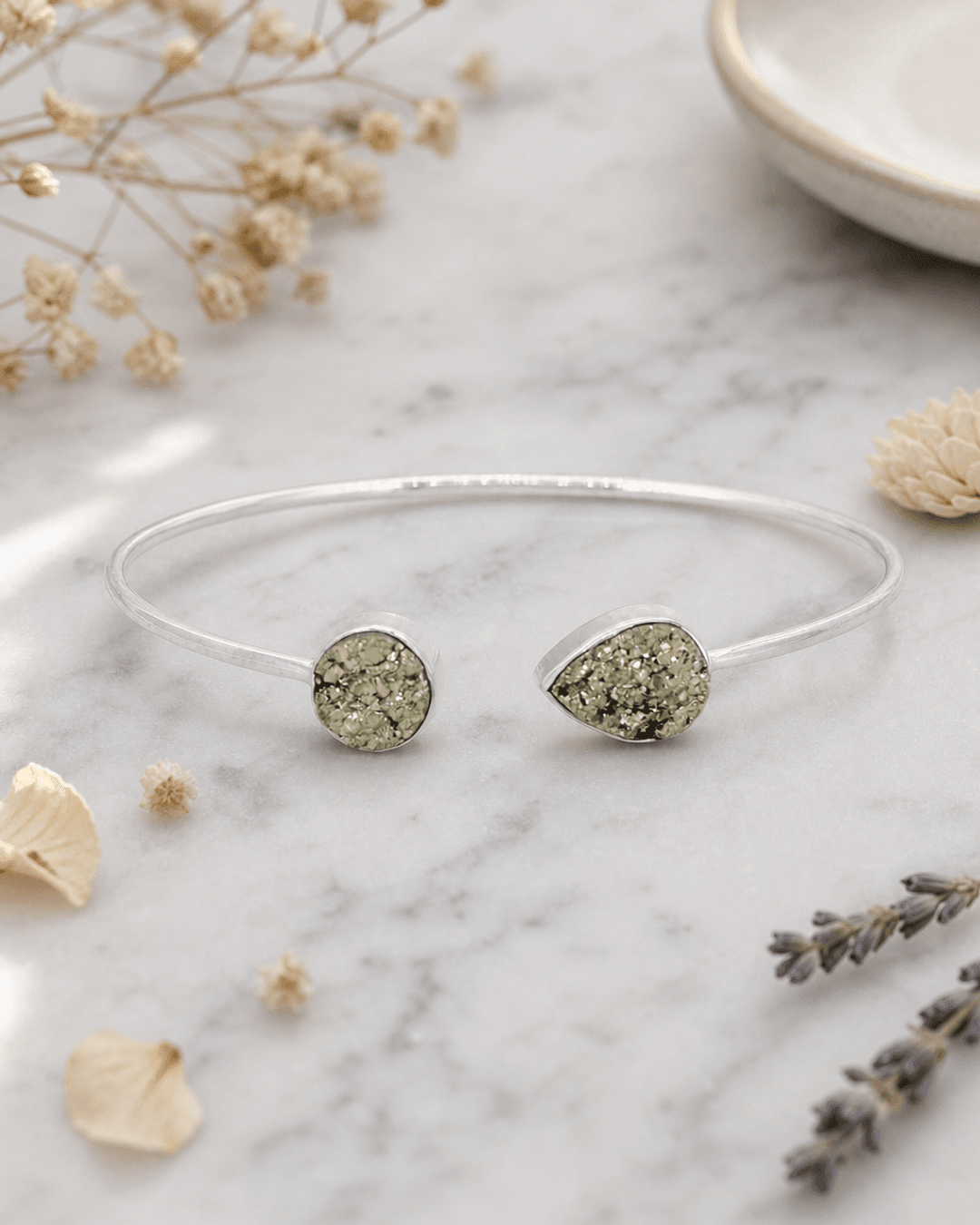 Pyrite Druzy Stones Sterling Silver Adjustable Bracelet - Bracelets