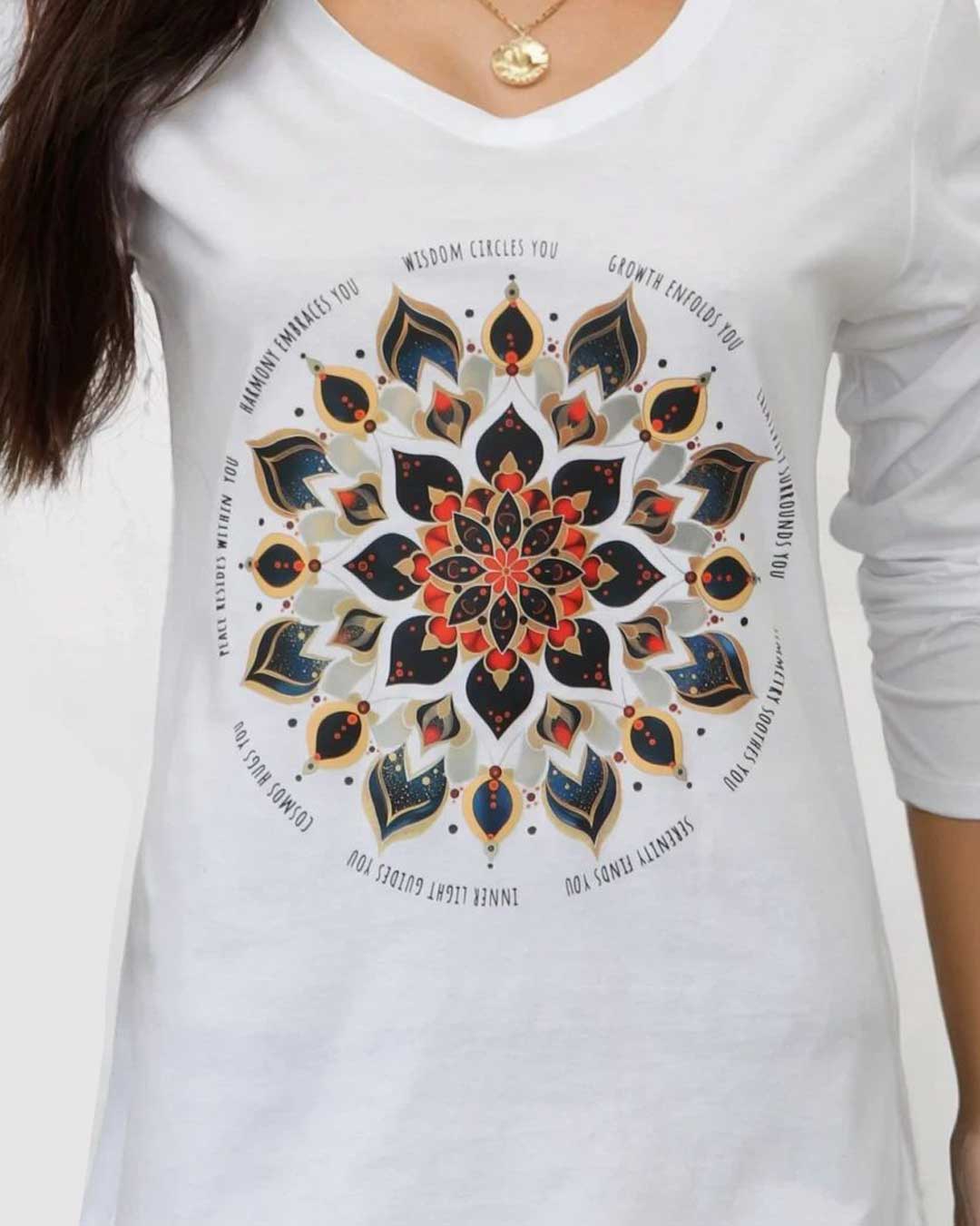 Radiant Lotus Mandala Long Sleeve Tee – White Cotton V - Neck Shirt with Affirmation Design (S–XL) - Apparel S