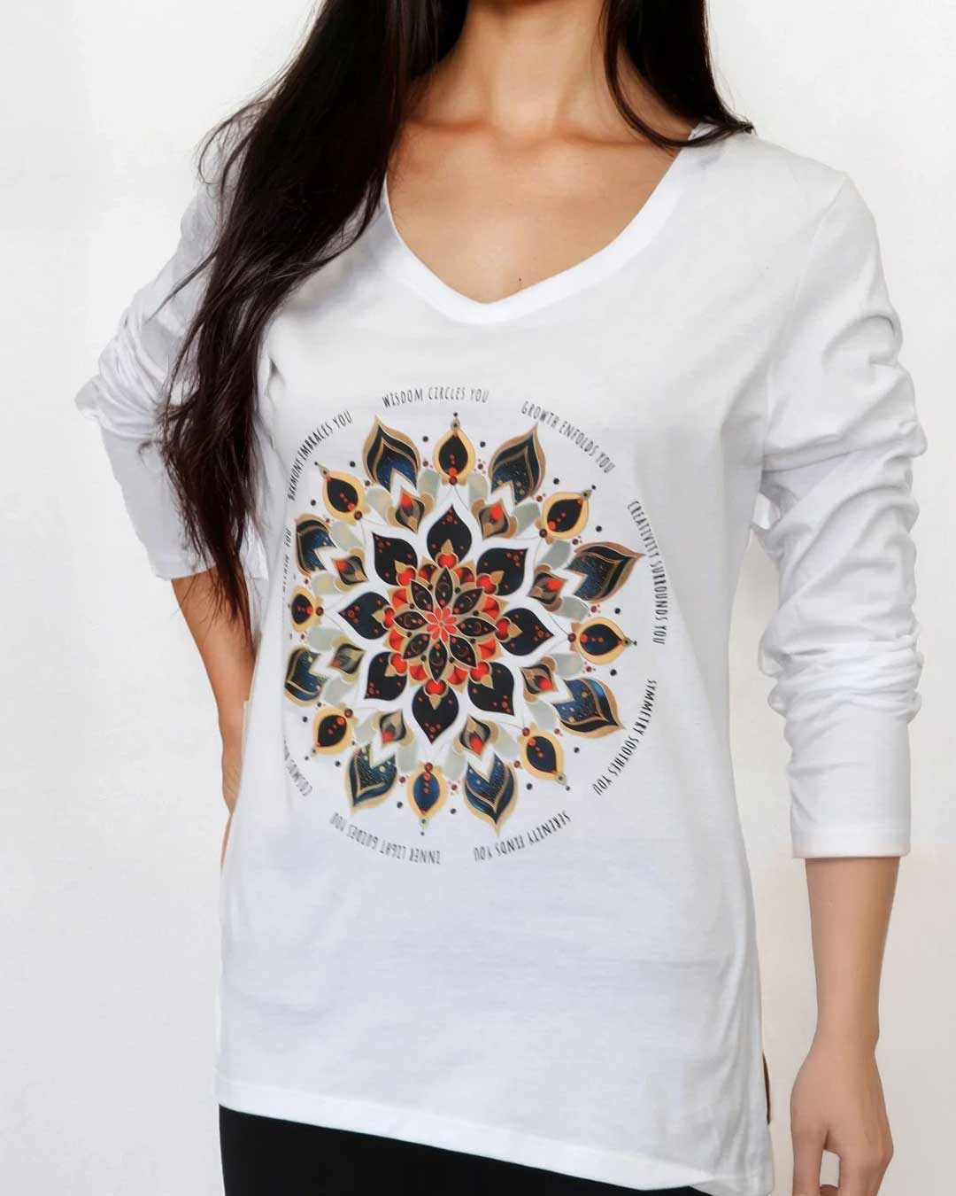 Radiant Lotus Mandala Long Sleeve Tee – White Cotton V - Neck Shirt with Affirmation Design (S–XL) - Apparel S