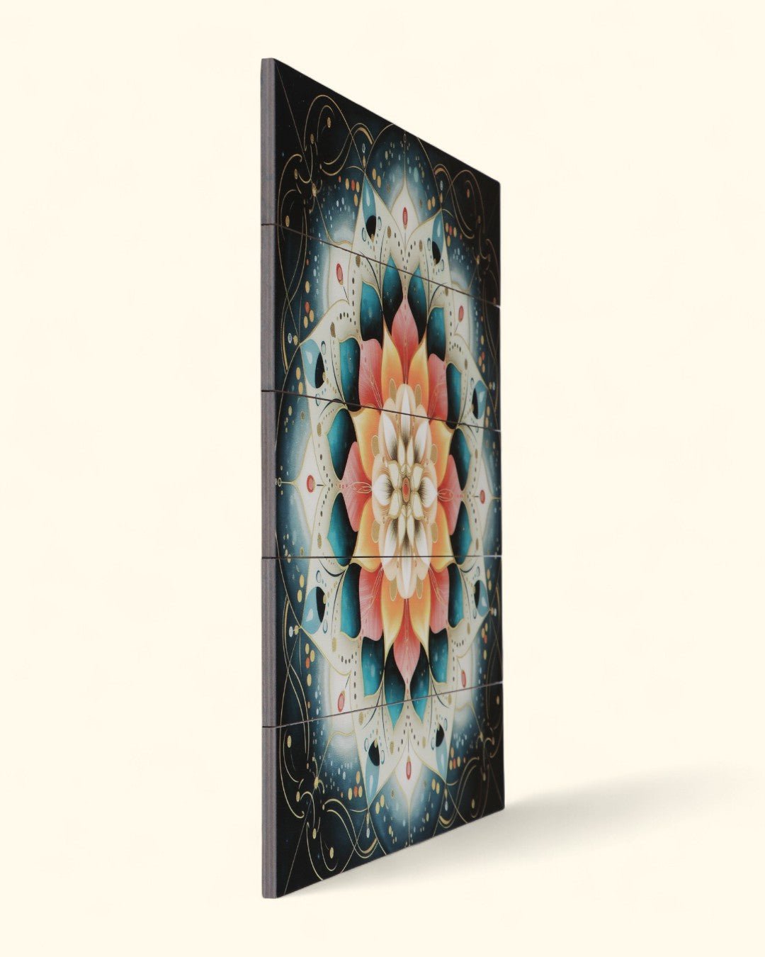 Radiant Lotus Mandala Wall Art – Printed Wood Panel in Coral & Teal - Posters, Prints, & Visual Artwork