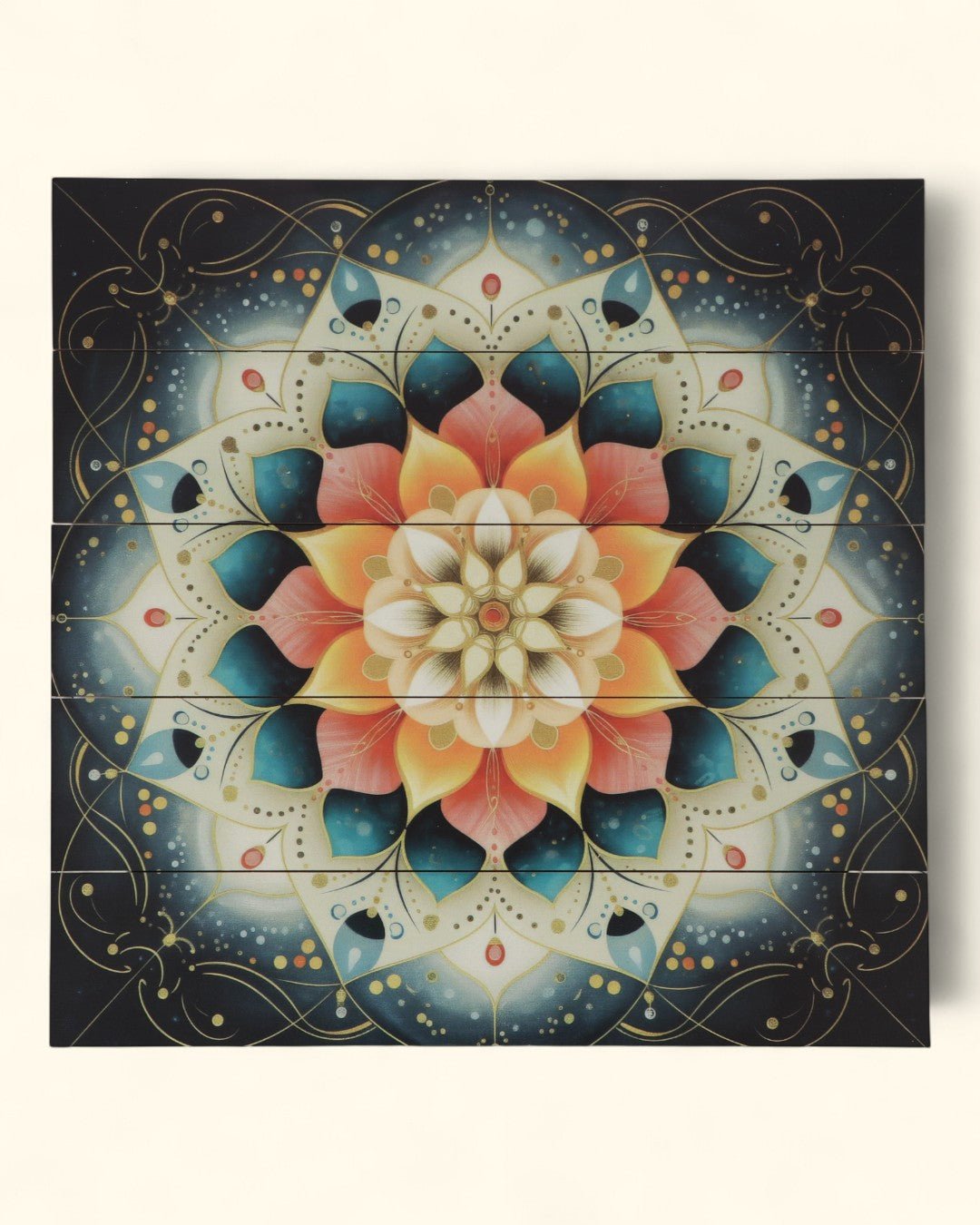 Radiant Lotus Mandala Wall Art – Printed Wood Panel in Coral & Teal - Posters, Prints, & Visual Artwork
