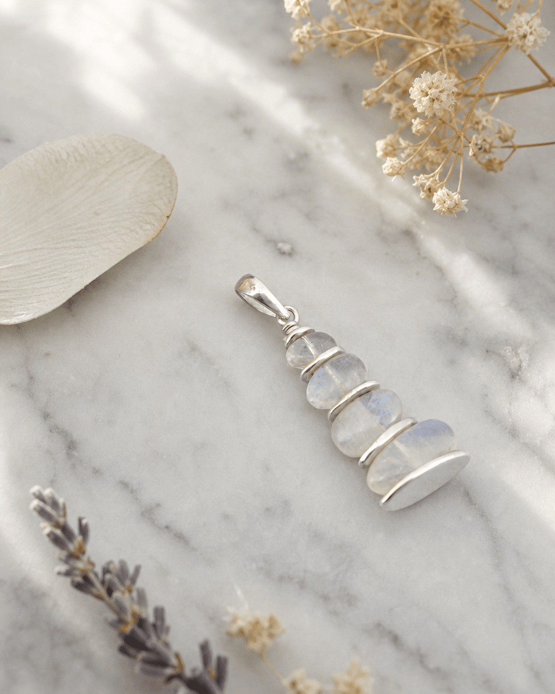 Rainbow Moonstone Cairn Pendant – Stacked Gemstones with Sterling Silver - Pendants