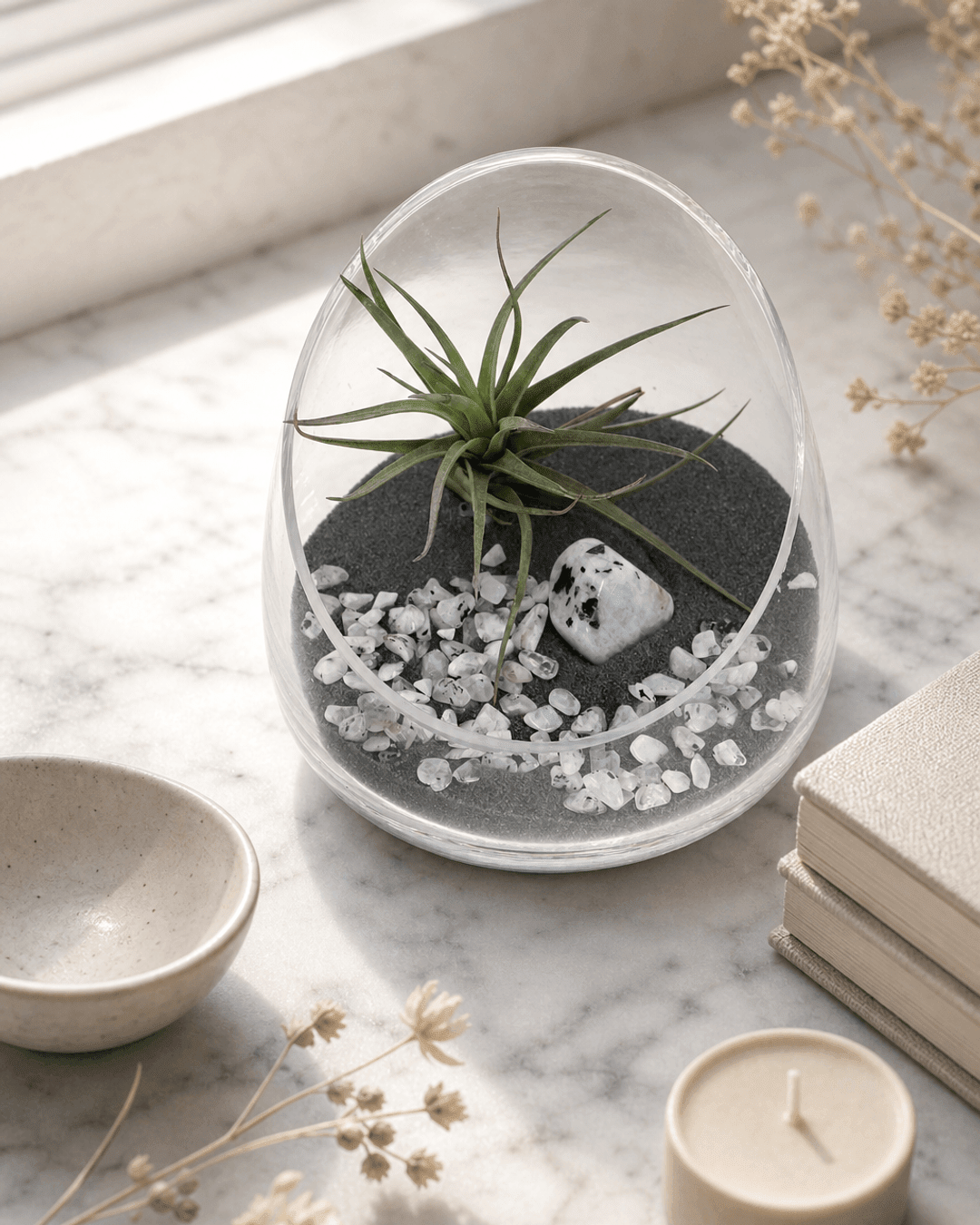 Rainbow Moonstone Gemstone Terrarium – Air Plant Arrangement in Glass Bowl with Black Sand - Terrarium