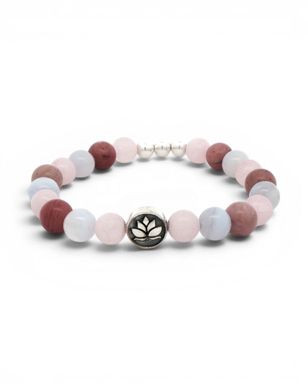 Love Connection Lotus Bracelet on white background, rotated angle with silver lotus charm at front-center and spacer beads positioned at top