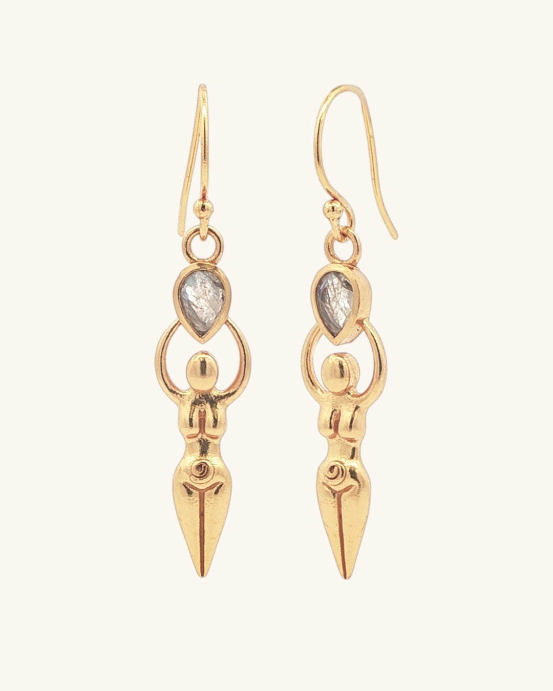 Sacred Feminine Goddess Earrings with Moonstone — Gold - Plated Brass - Earrings