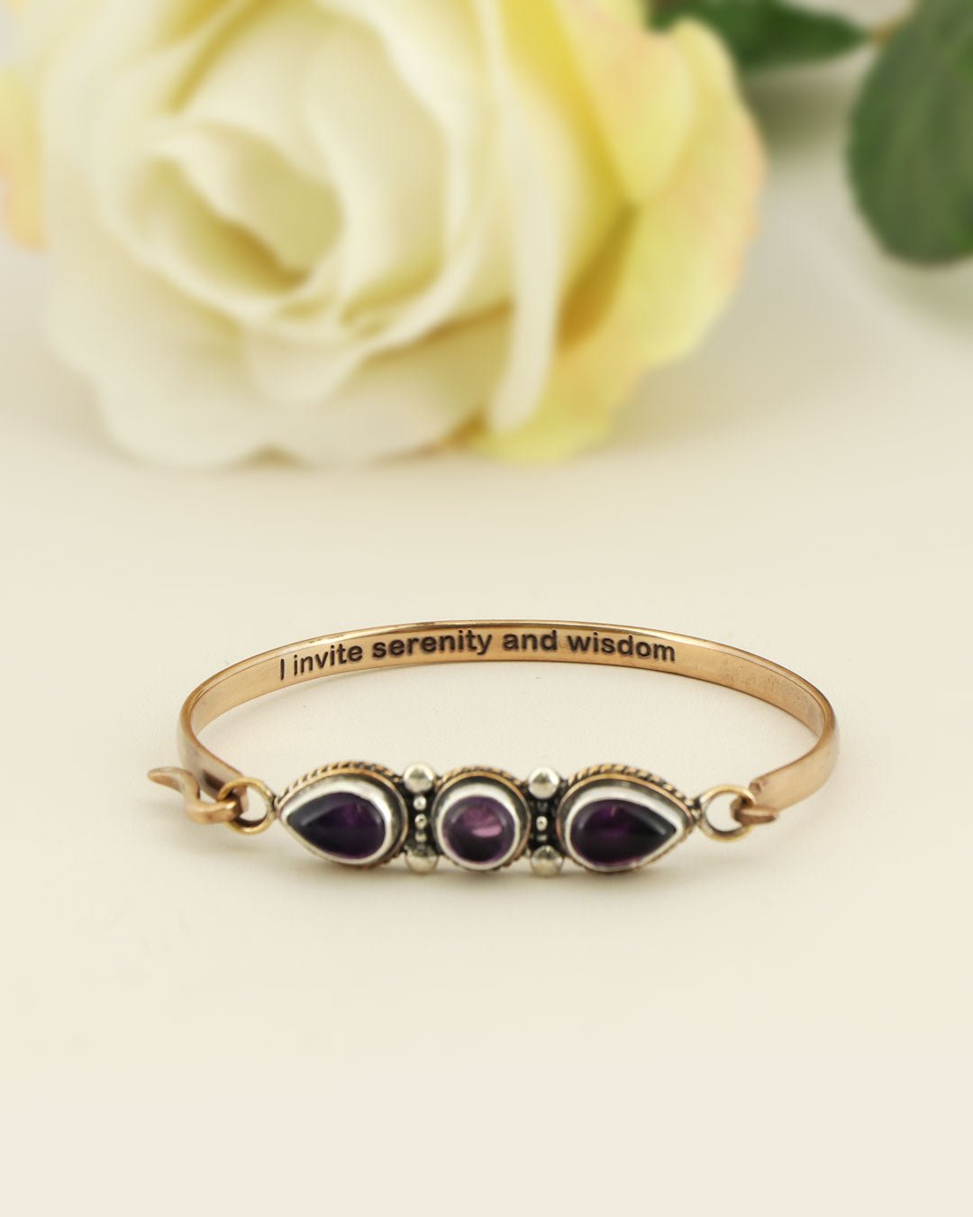 Serenity and Wisdom Cuff – Amethyst Trio Bracelet in Sterling Silver & Bronze - Bracelets