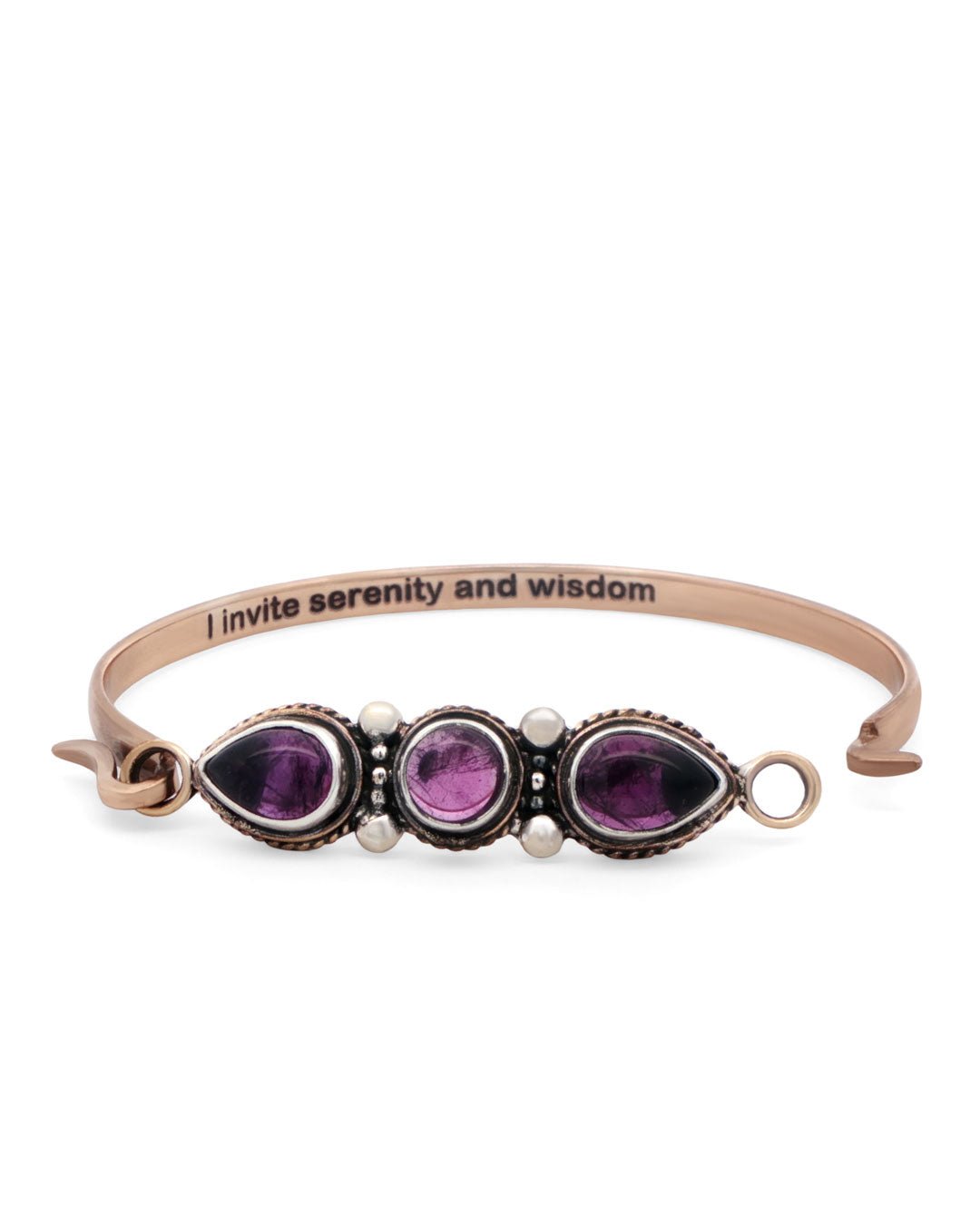 Serenity and Wisdom Cuff – Amethyst Trio Bracelet in Sterling Silver & Bronze - Bracelets