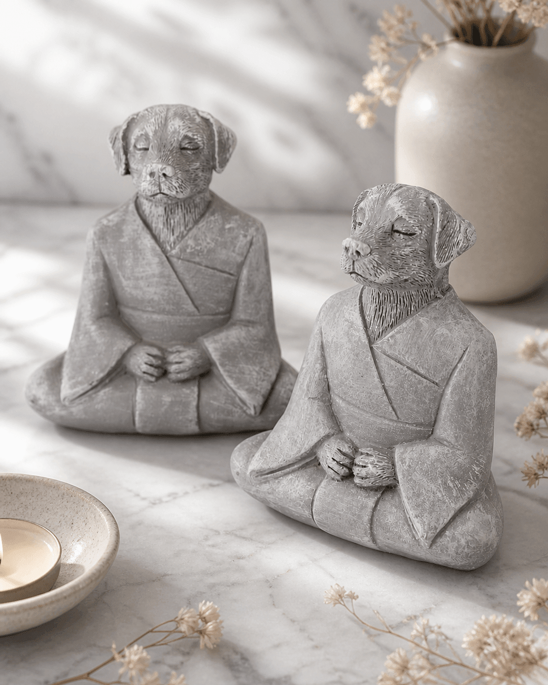 Set of 2 Tranquil Resin Meditating Dog Statues - Sculptures & Statues