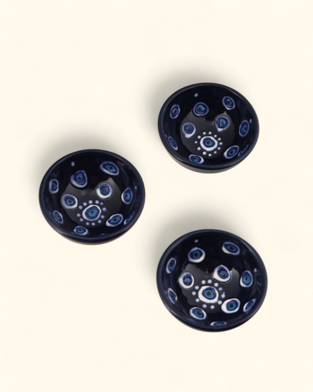 Set of 3 Blue Ceramic Evil Eye Mini Bowls - Decorative Bowls