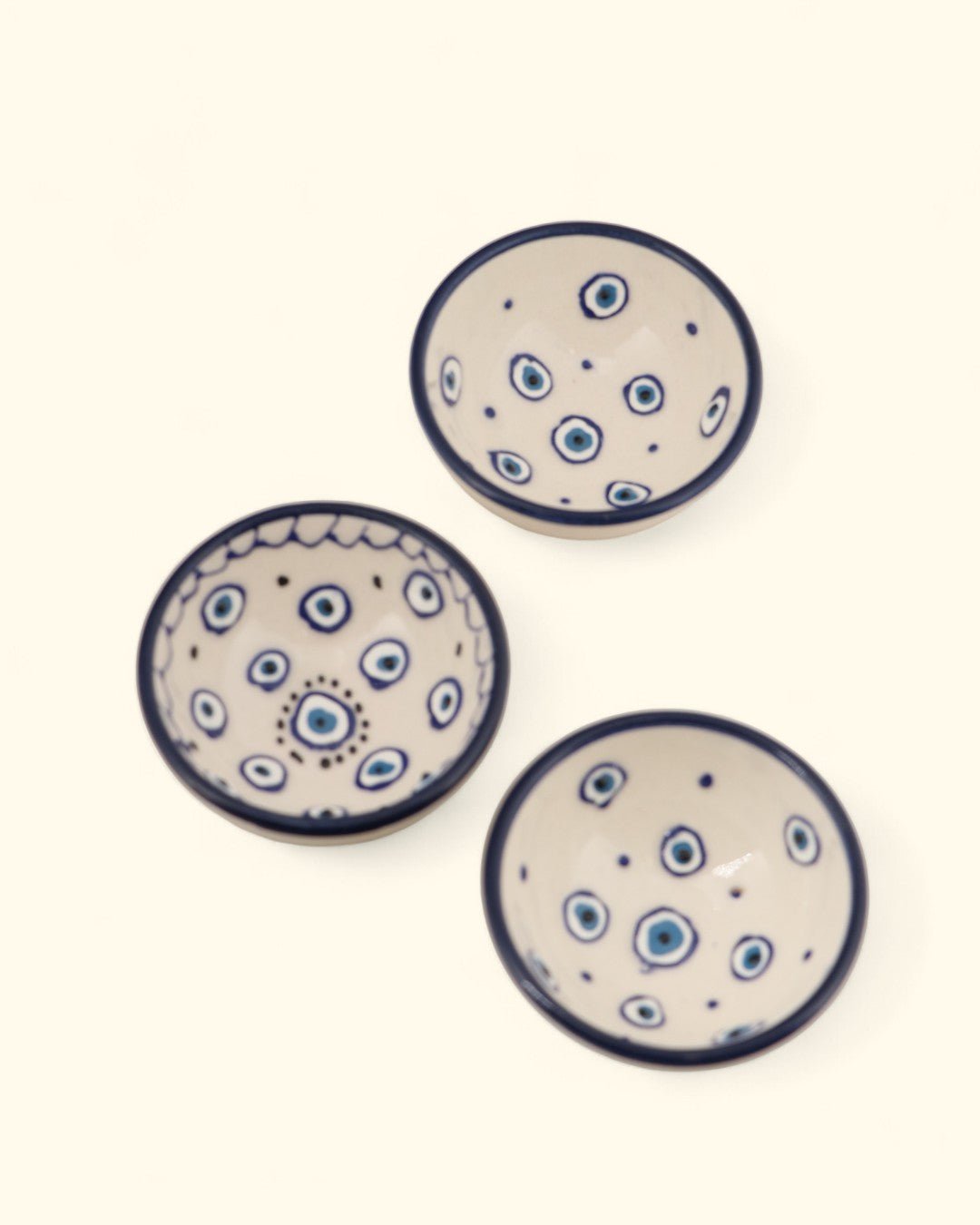 Set of 3 Ceramic Evil Eye Mini Bowls – Cream & Indigo - Decorative Bowls