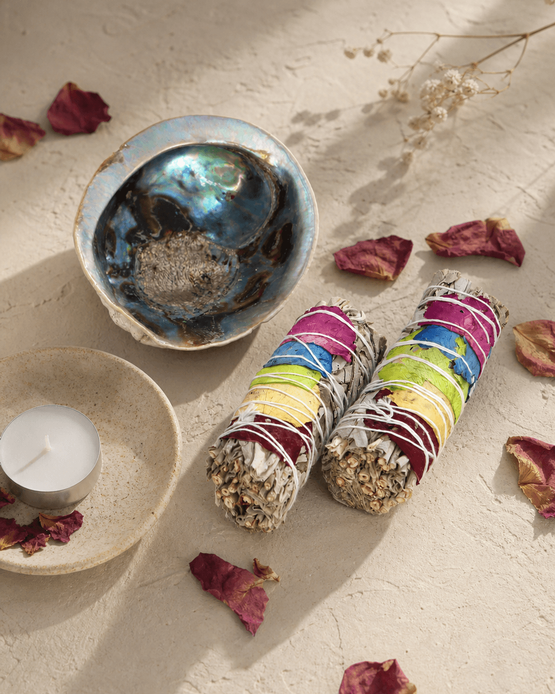 Set of Rose Petal White Sage bundles with Abalone Shell -