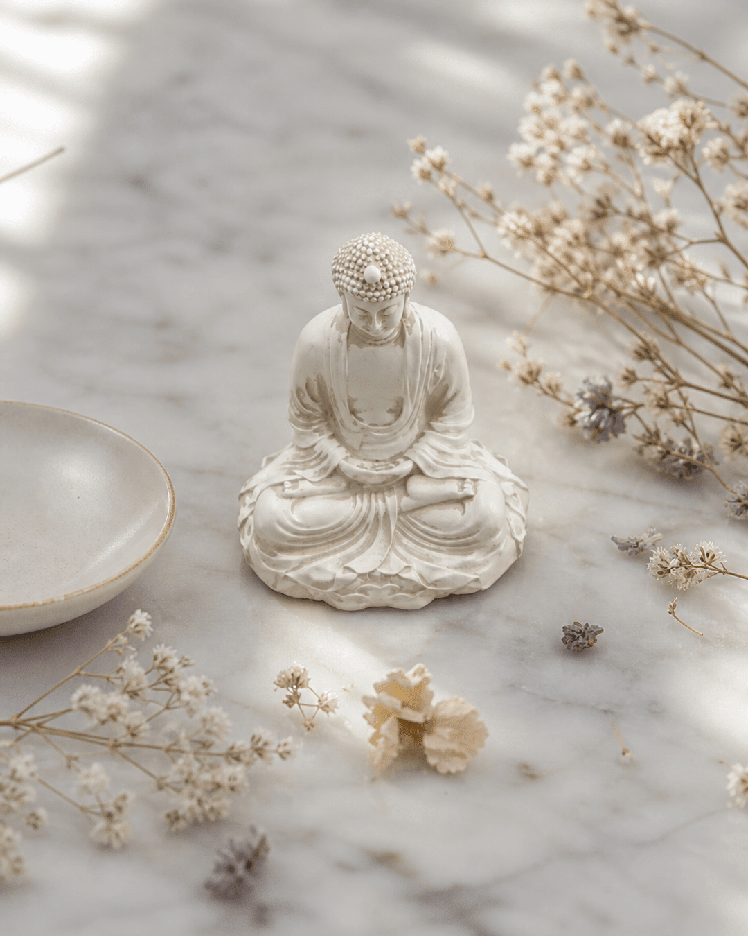 Set of Two Miniature Cream Buddha Statues - Sculptures & Statues