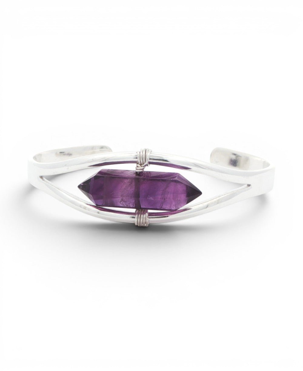 Silver Amethyst Point Cuff Bracelet — Adjustable Crystal Jewelry - Bracelets