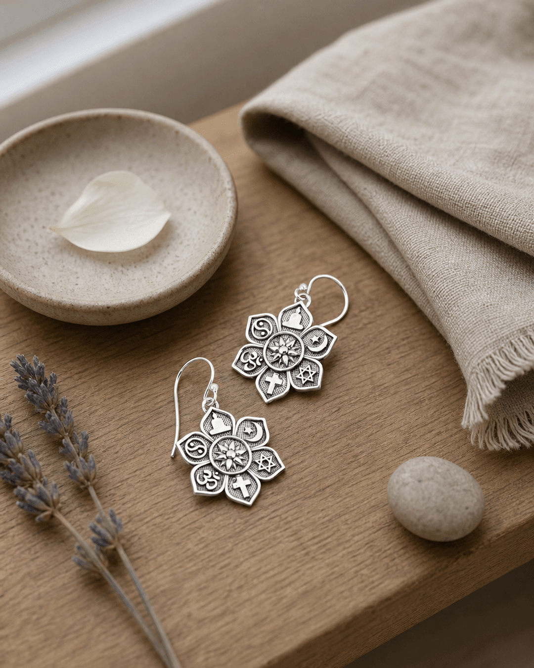 Silver Coexist Harmony Earrings – Lotus Design with Spiritual Symbols and “Together as One” Engraving - Earrings Silver Plated
