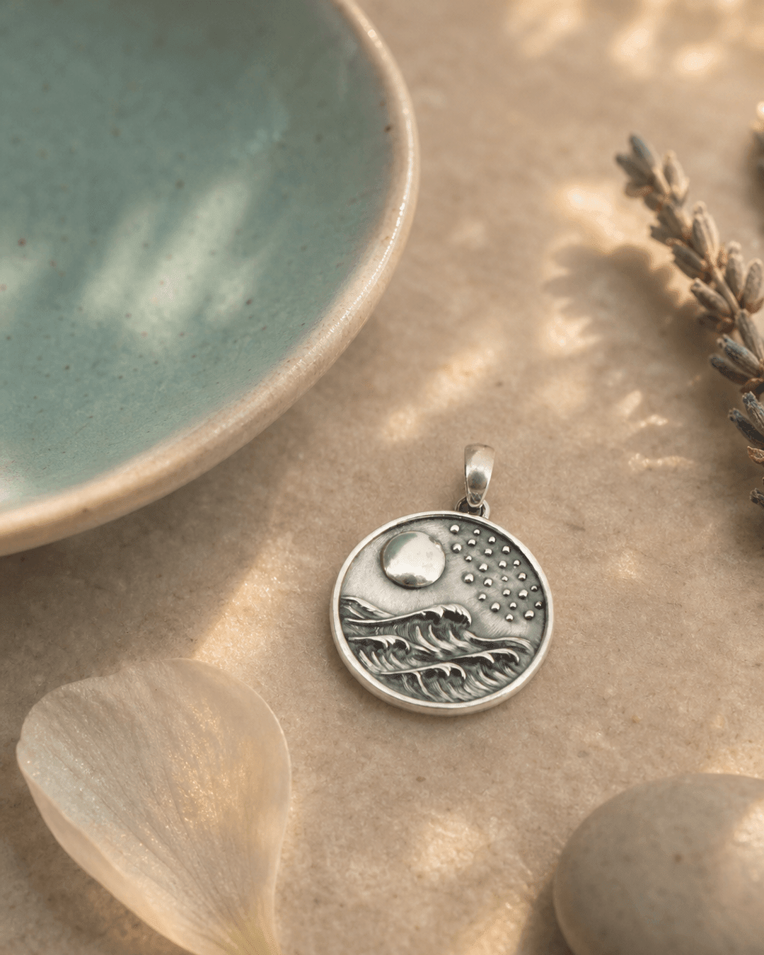 Silver Full Moon and Waves Pendant – Ocean - Inspired Pendant - Pendant Silver Plated