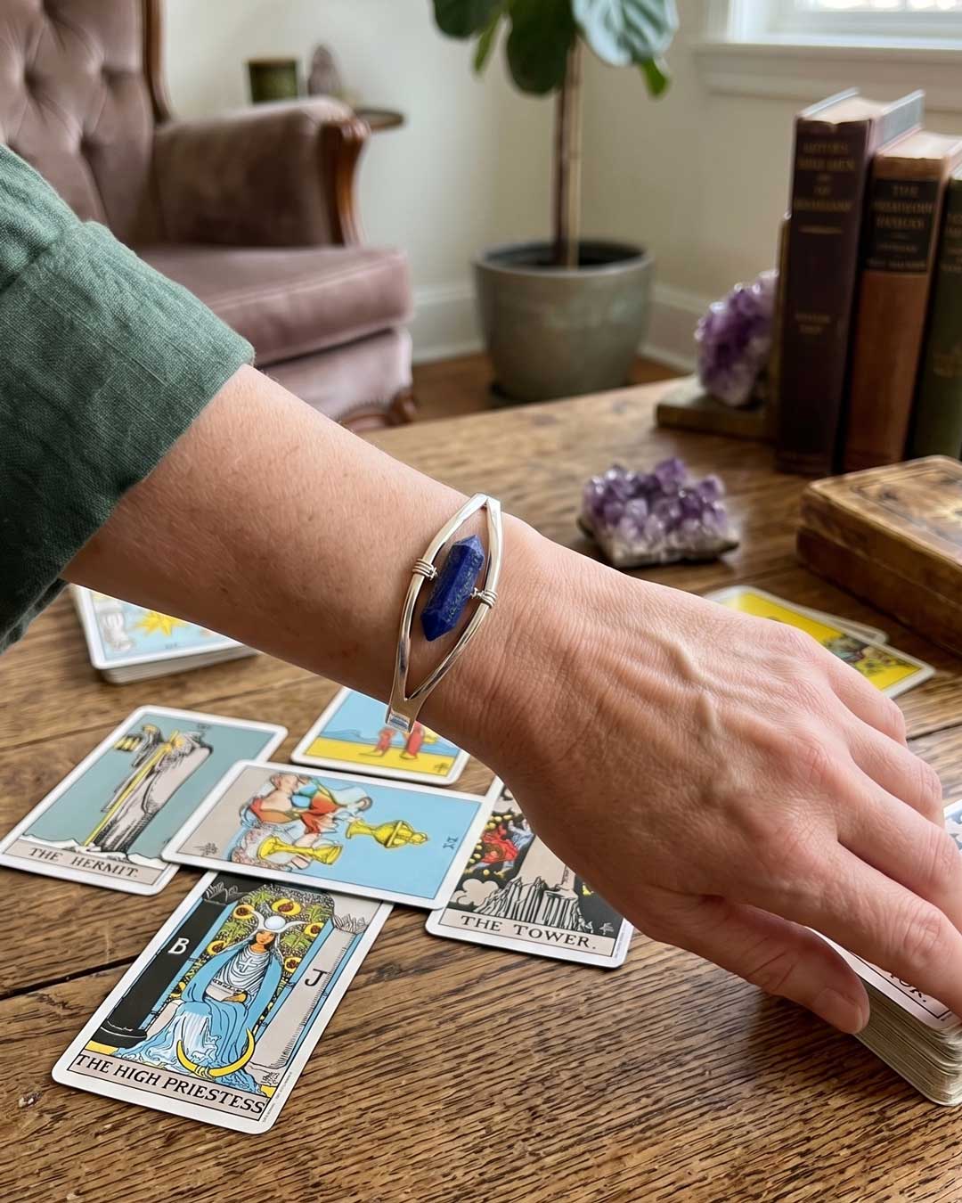 Silver Lapis Lazuli Point Cuff Bracelet — Adjustable Crystal Jewelry - Bracelets