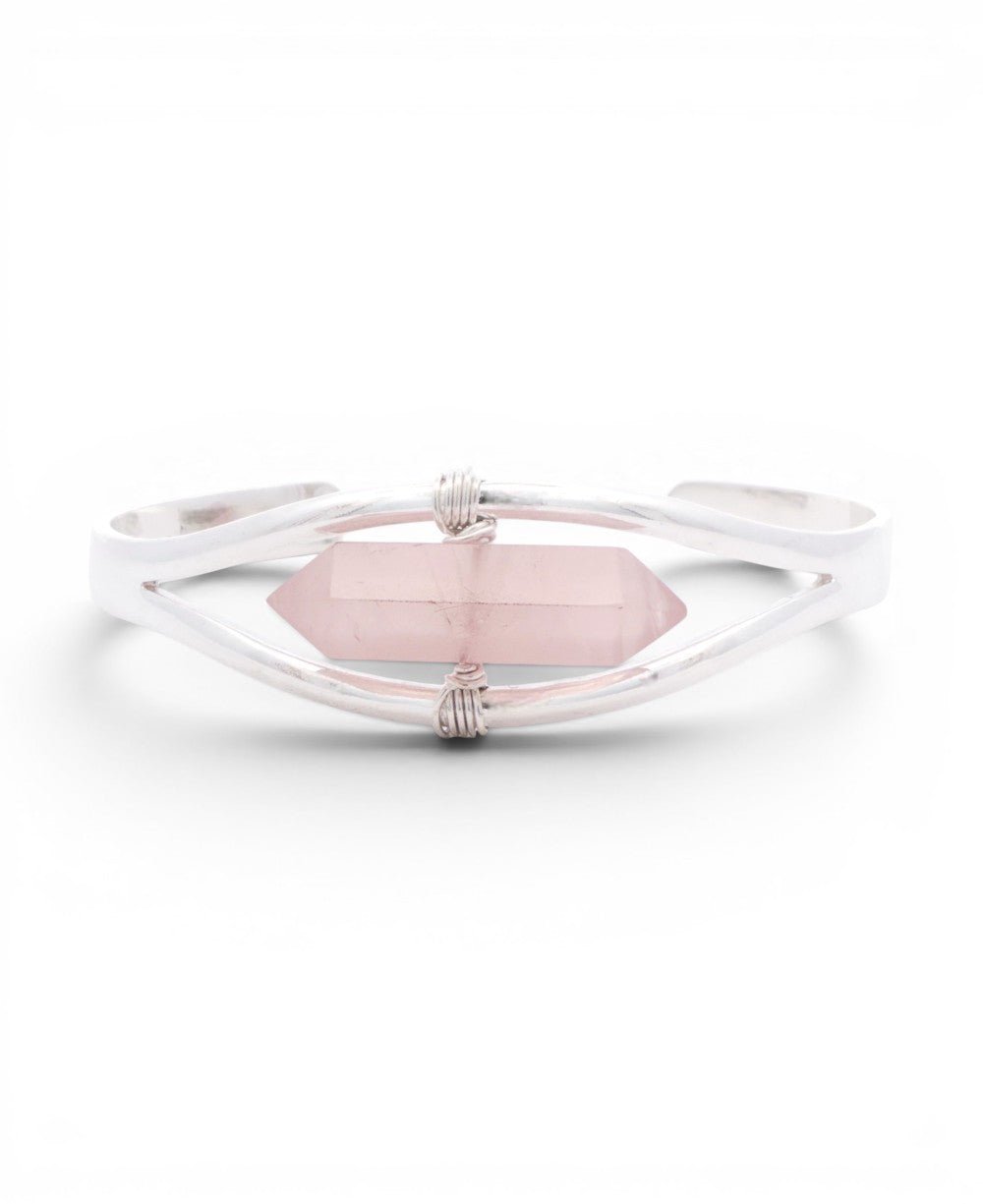 Silver Rose Quartz Point Cuff Bracelet — Adjustable Crystal Jewelry - Bracelets
