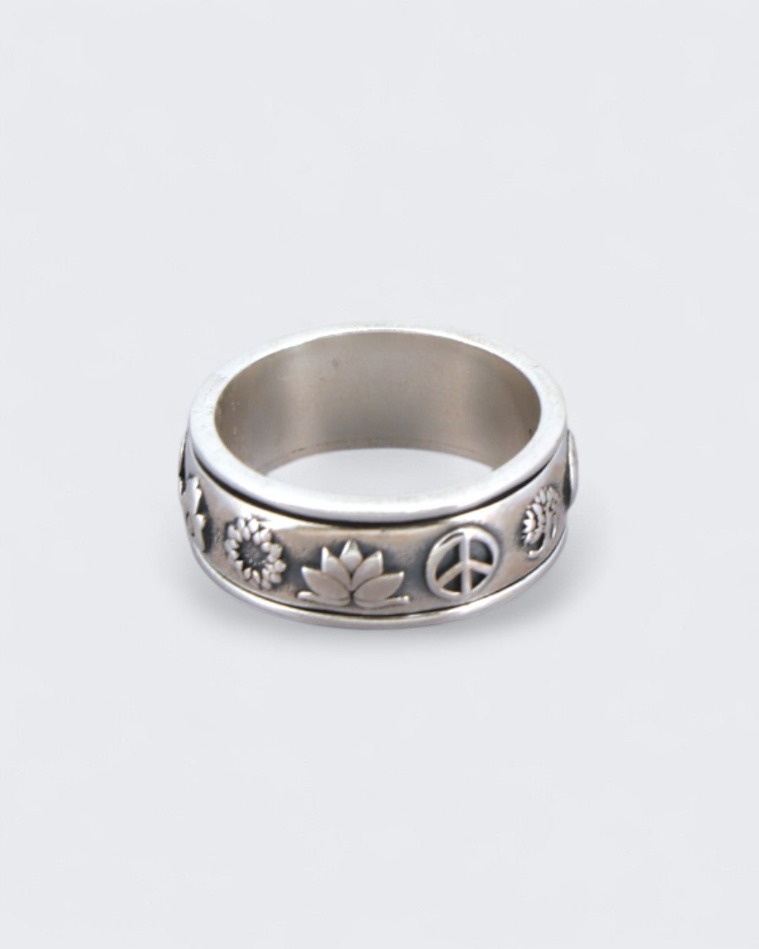 Soulful Symbols Spinner Ring – Sterling Silver Rotating Meditation Band - Rings Size 6