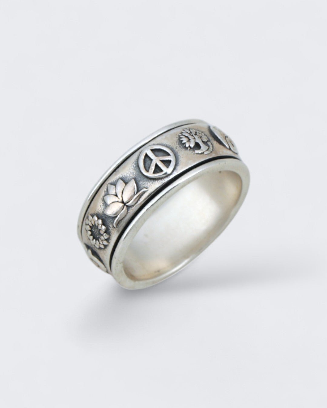 Soulful Symbols Spinner Ring – Sterling Silver Rotating Meditation Band - Rings Size 6