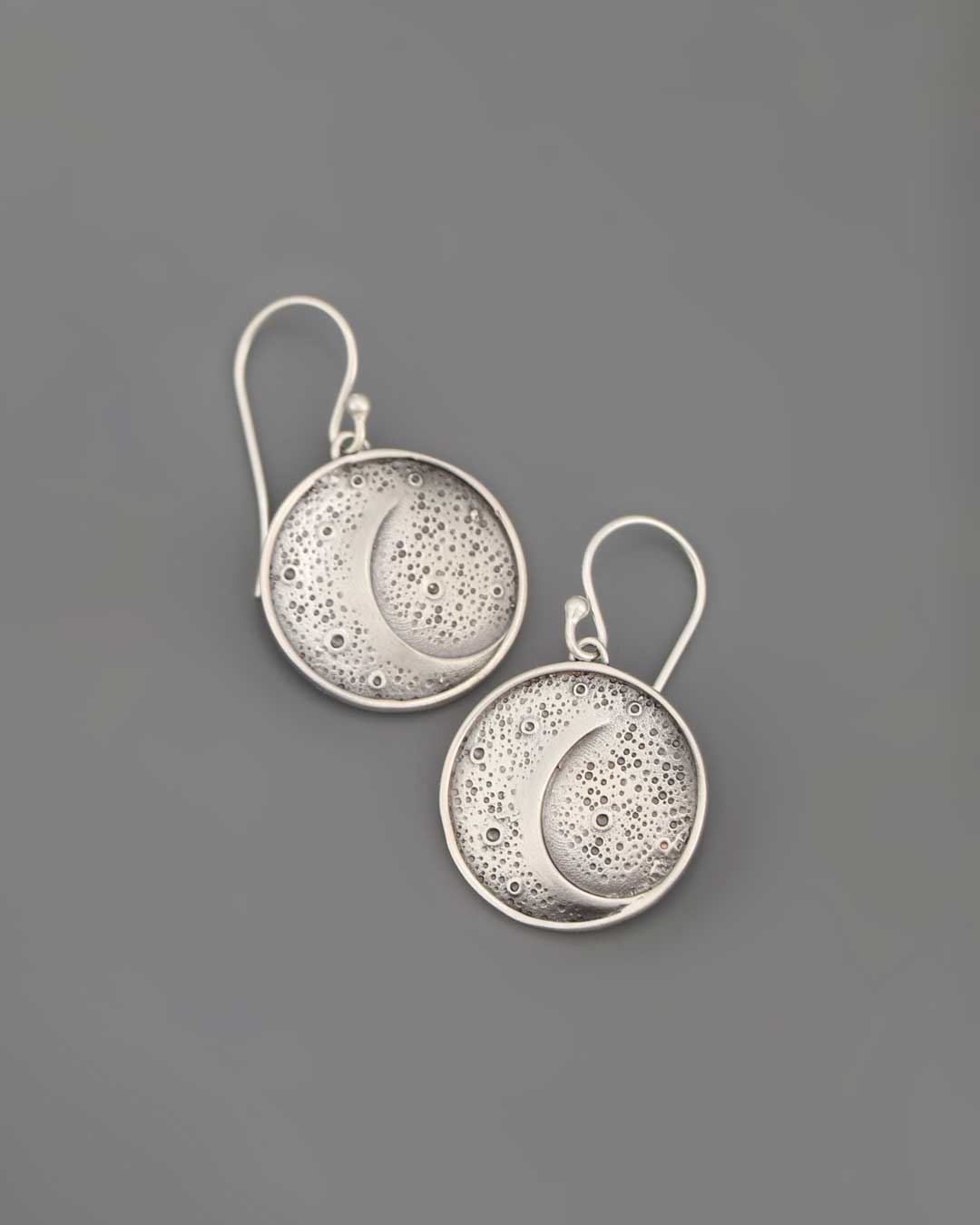 Sterling Silver Artistic Moon Earrings – Textured Celestial Disc Design - Earrings
