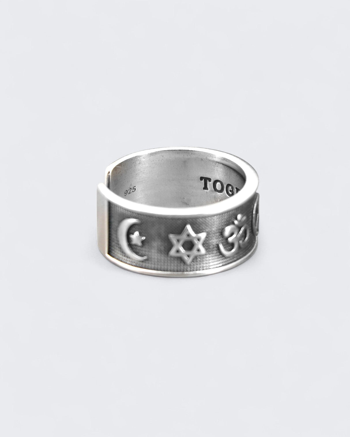 Sterling Silver Coexist Ring – Adjustable Band with World Religion Symbols - Rings