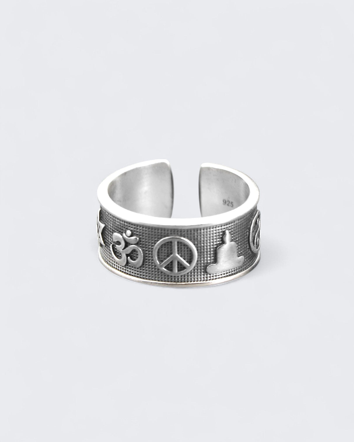 Sterling Silver Coexist Ring – Adjustable Band with World Religion Symbols - Rings