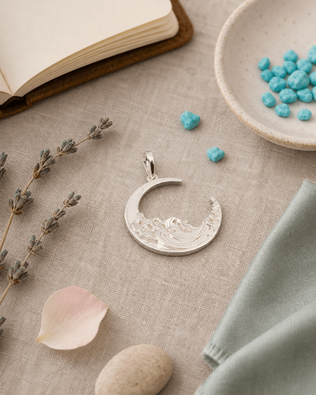 Sterling Silver Crescent Moon and Ocean Wave Pendant โ Symbol of Intuition and Life's Flow - Pendant