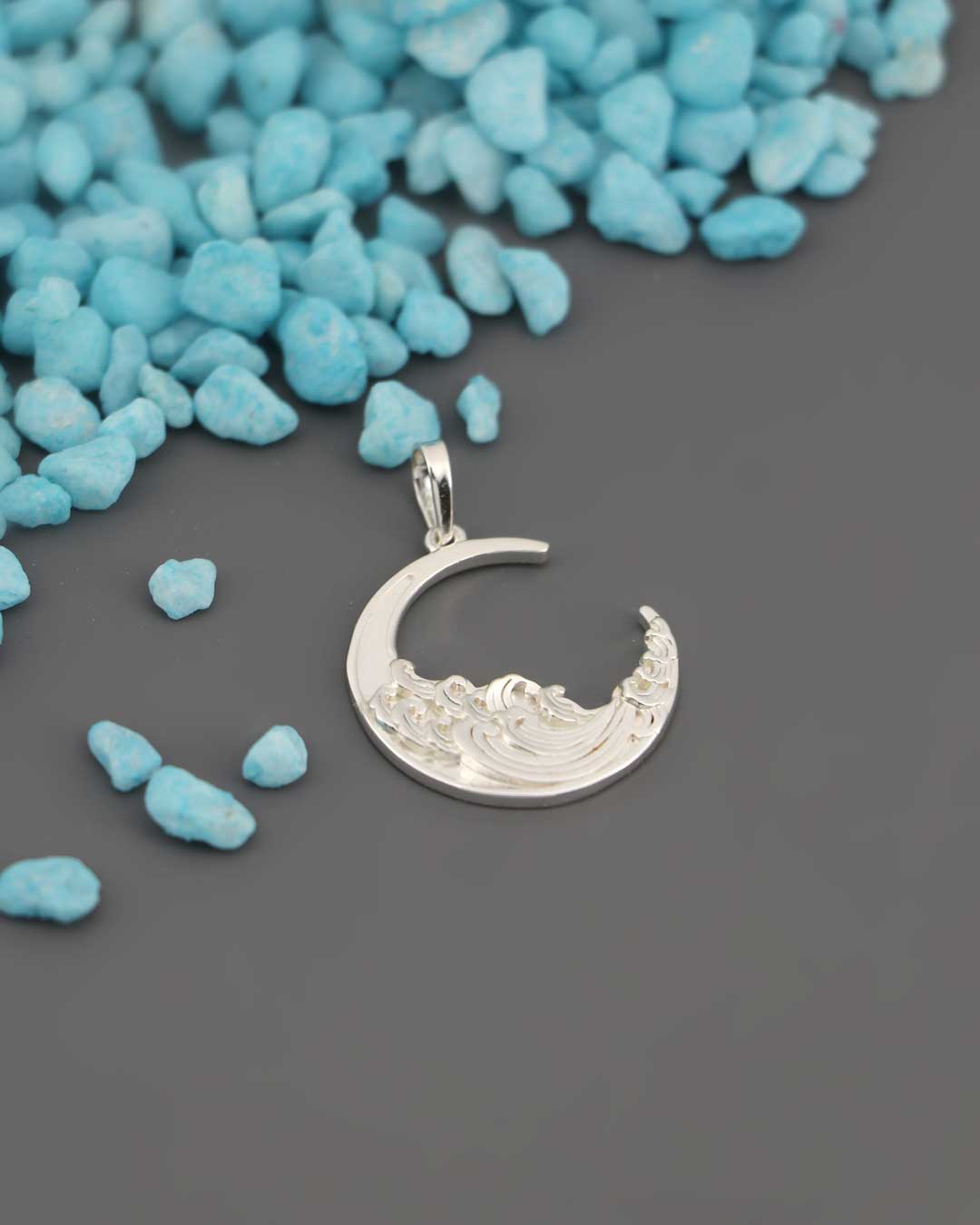 Sterling Silver Crescent Moon and Ocean Wave Pendant – Symbol of Intuition and Life's Flow - Pendant