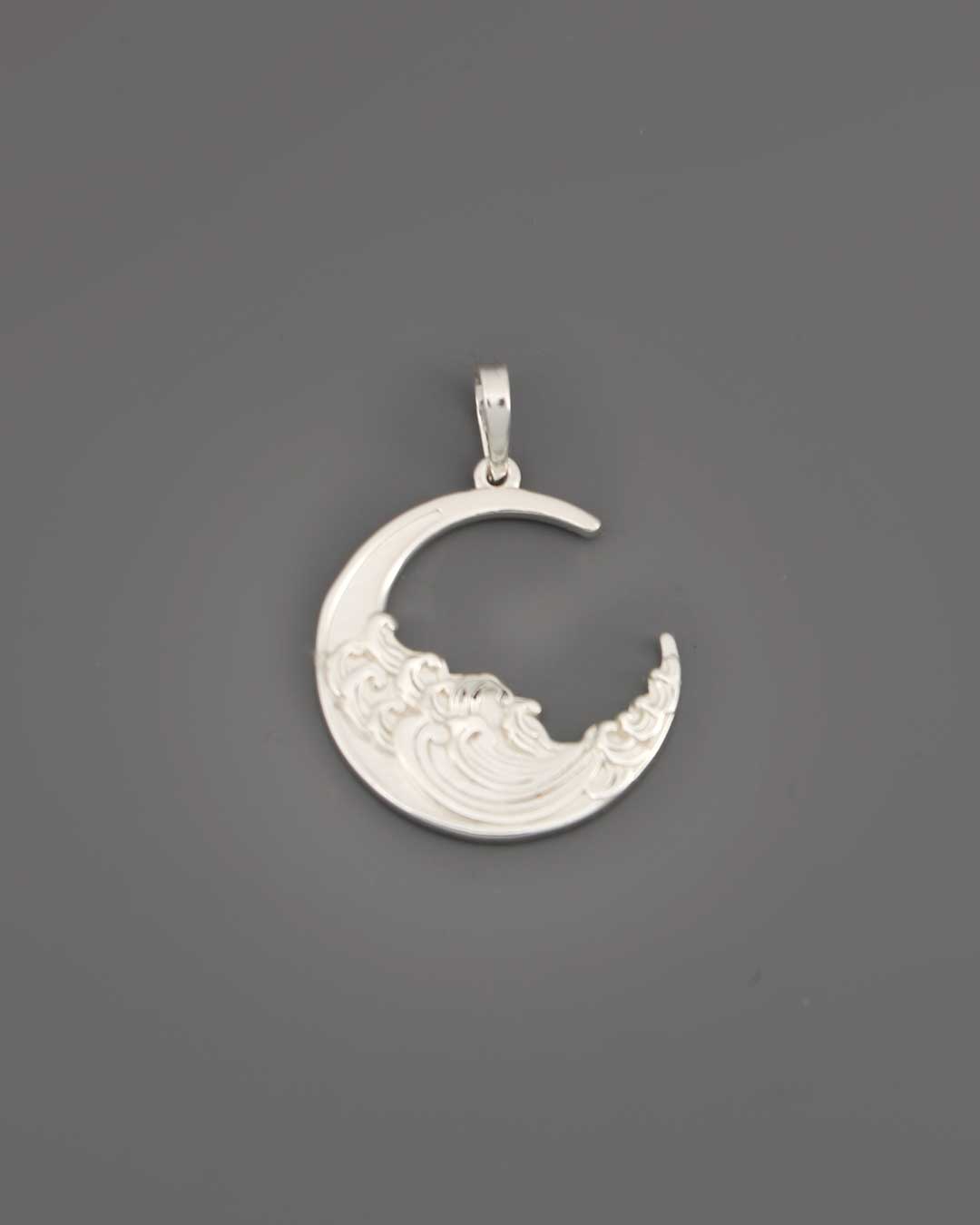Sterling Silver Crescent Moon and Ocean Wave Pendant – Symbol of Intuition and Life's Flow - Pendant