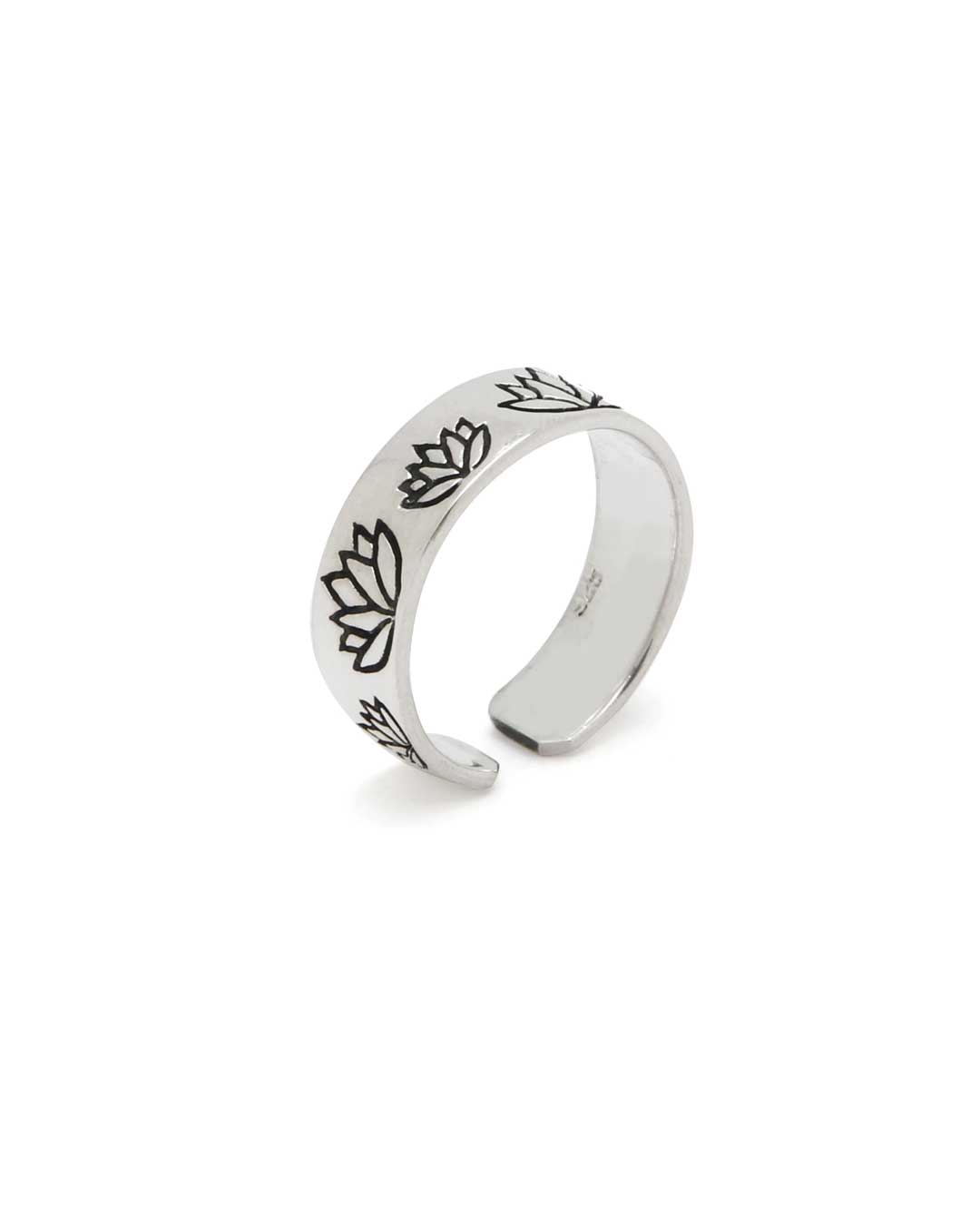 Sterling Silver Engraved Lotus Ring, Adjustable by Buddha Groove - Rings