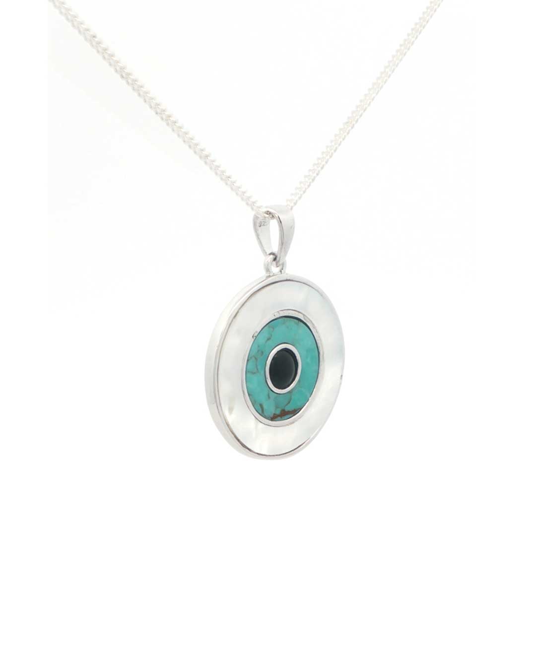 Sterling Silver Evil Eye Inlay Pendant – Turquoise, Mother of Pearl, and Onyx - Pendant