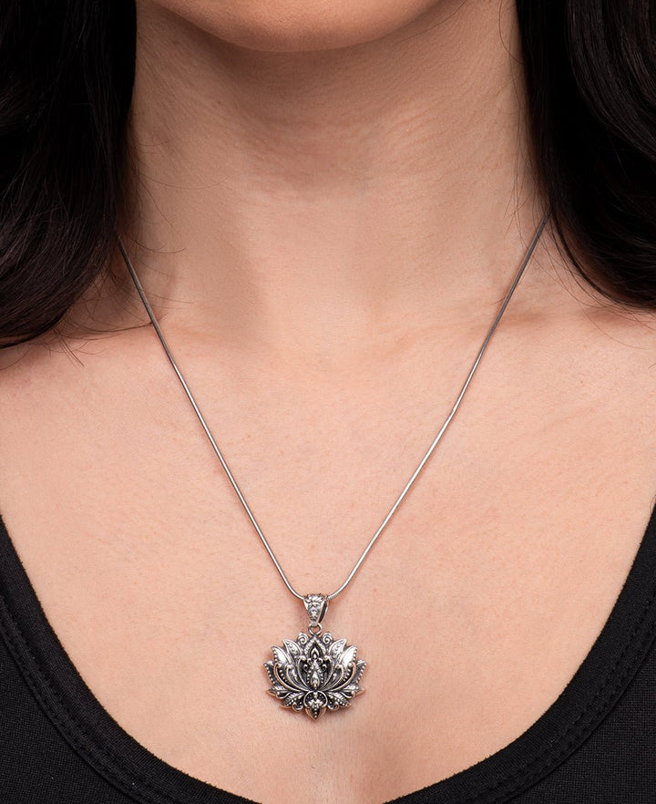 Sterling Silver Full Bloom Lotus Necklace - Necklaces 16 Inches