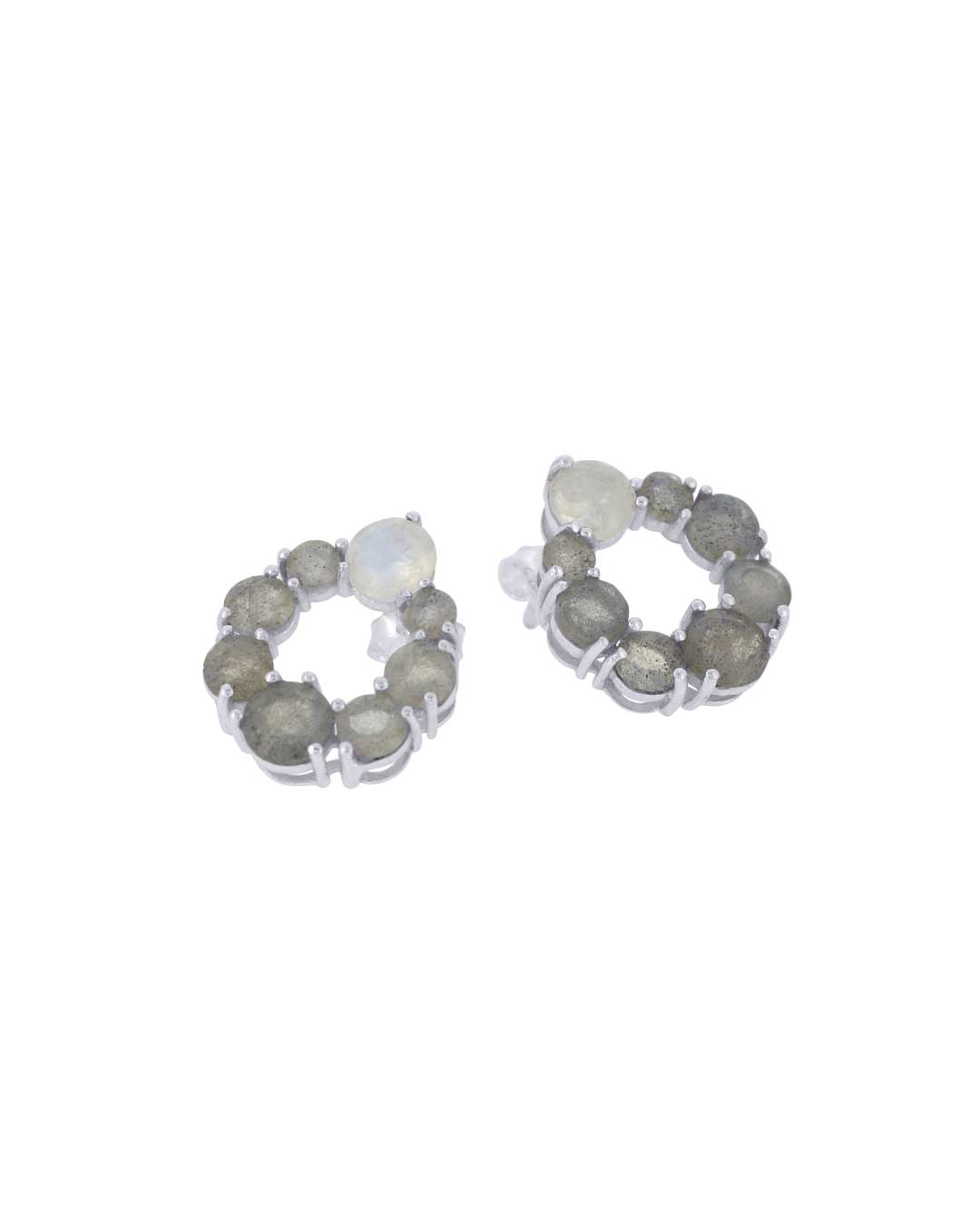 Sterling Silver Labradorite and Rainbow Moonstone Circle Post Earrings – 0.5" Studs with Prong Setting - Earrings