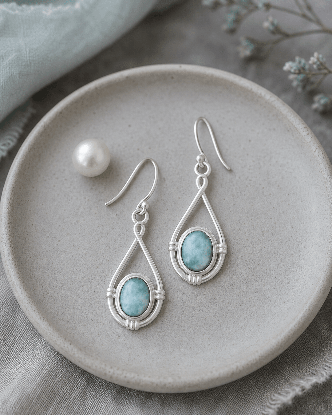 Sterling Silver Larimar Oval Earrings with Teardrop Twist Design Frame - Earrings