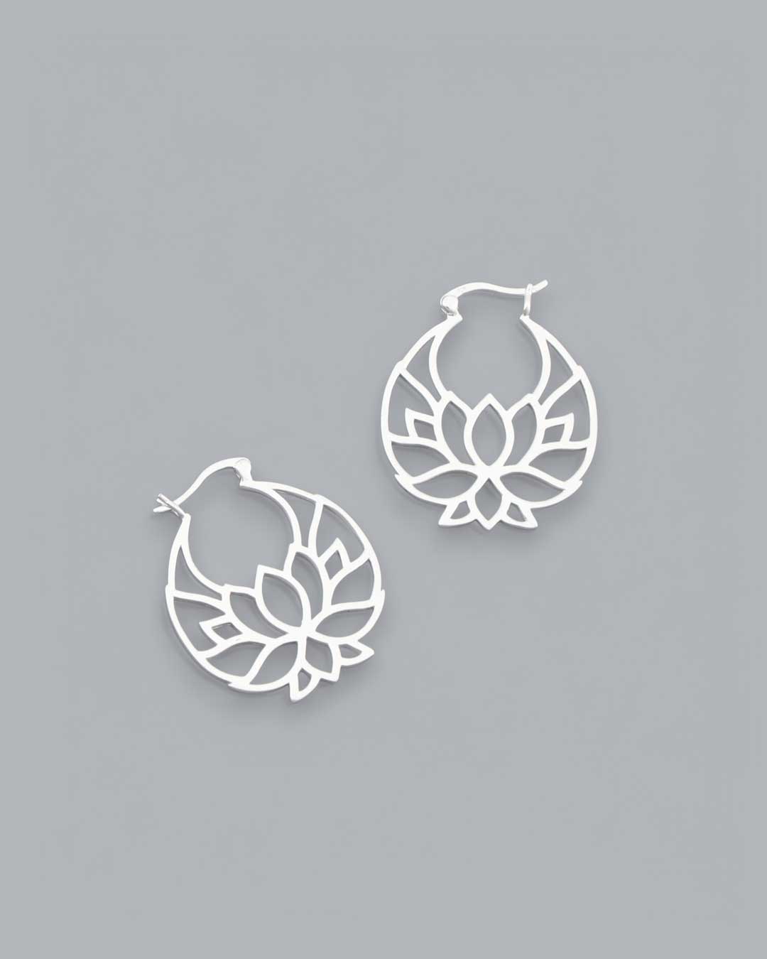 Sterling Silver Lotus Flower Hoop Earrings - Earrings