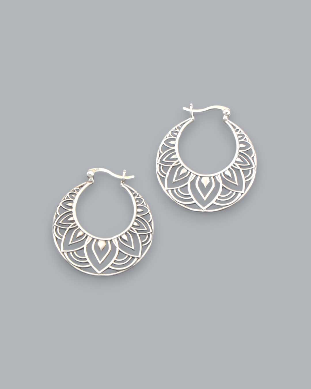 Sterling Silver Lotus Mandala Hoop Earrings - Earrings
