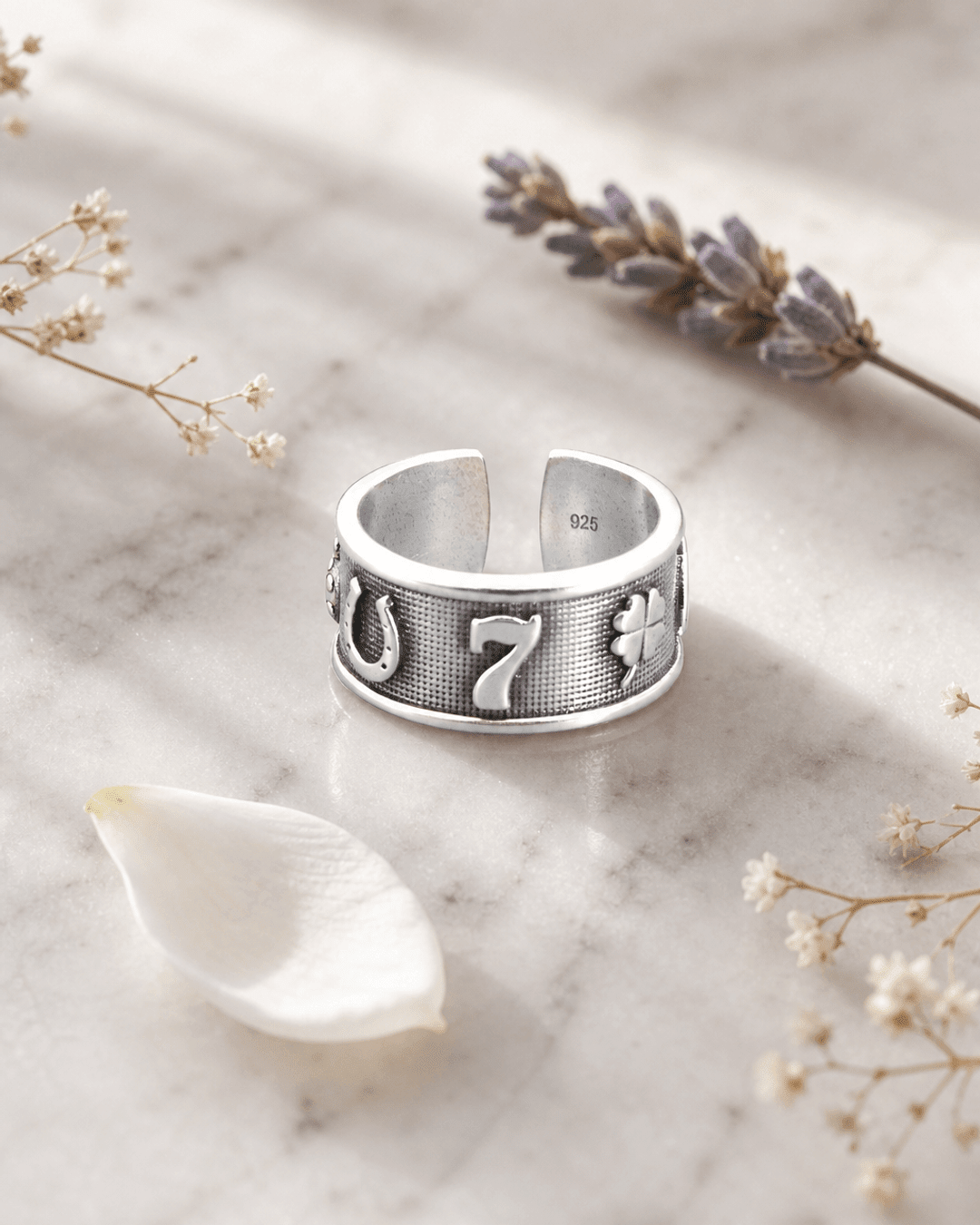Sterling Silver Lucky Symbols Ring – Adjustable Band with Horseshoe, Ladybug, Four - Leaf Clover, 7, and Wishbone - Rings
