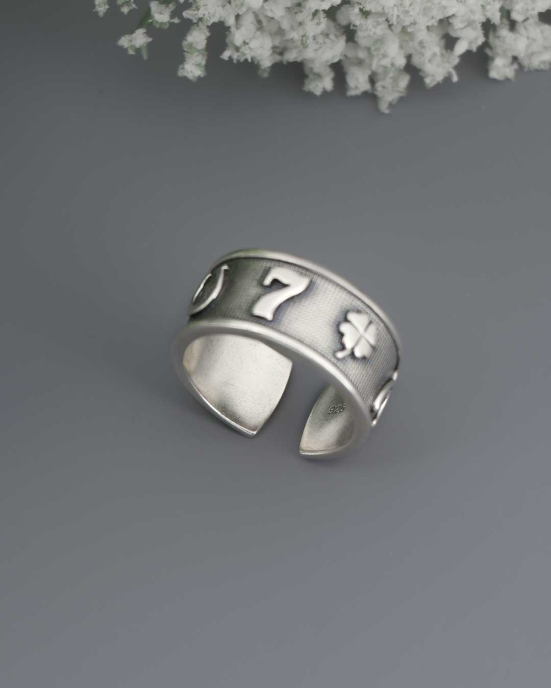 Sterling Silver Lucky Symbols Ring – Adjustable Band with Horseshoe, Ladybug, Four - Leaf Clover, 7, and Wishbone - Rings