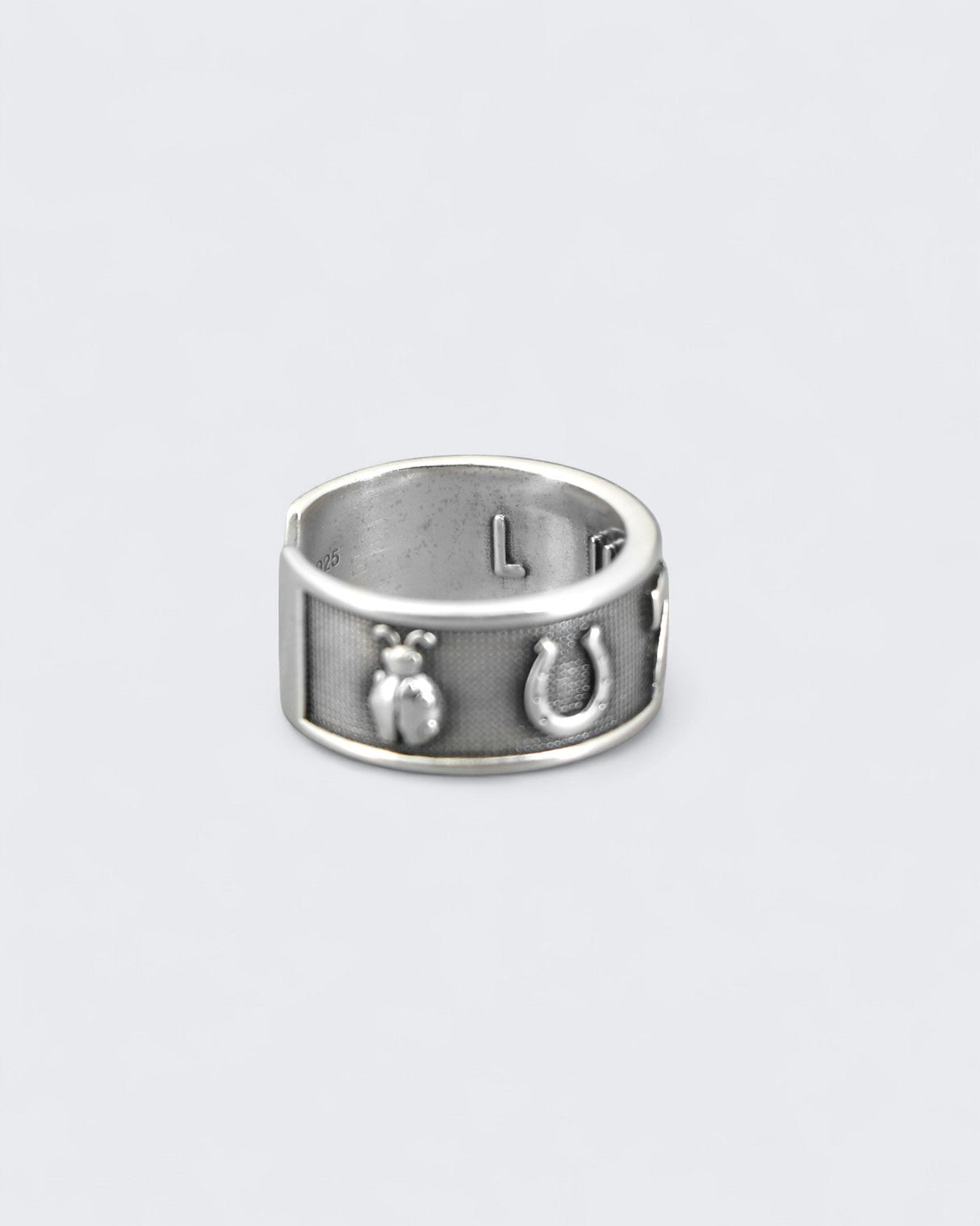 Sterling Silver Lucky Symbols Ring – Adjustable Band with Horseshoe, Ladybug, Four - Leaf Clover, 7, and Wishbone - Rings